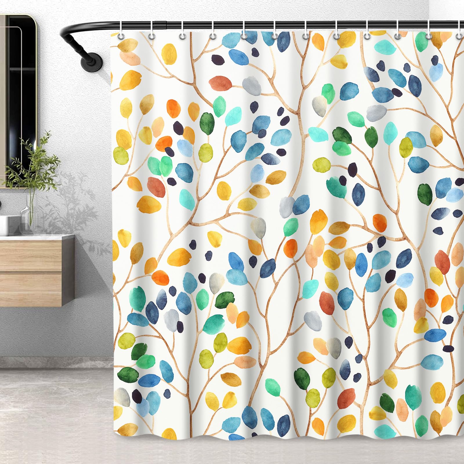 LXBNI Long Boho Floral Shower Curtain, Colorful Botanical Flower Leaf Bohemian Waterproof Shower Curtain with Hooks, Bathroom Decor Washable Polyester Curtain 72x78 Inches, Yellow Blue Multi Color