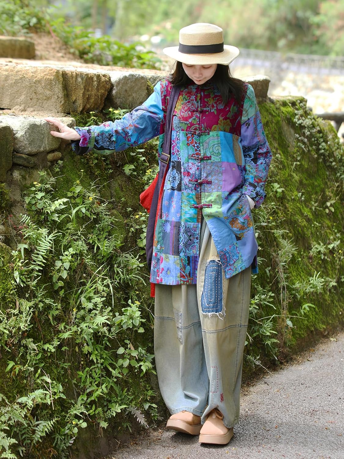 LUZU JUNU Women's Trench Coat Floral Print Long Cotton Linen Jacke Cottagecore Clothing Patchwork Outwear Bohemian unique (US, Alpha, One Size, Regular, Regular, Blue) - Image 8