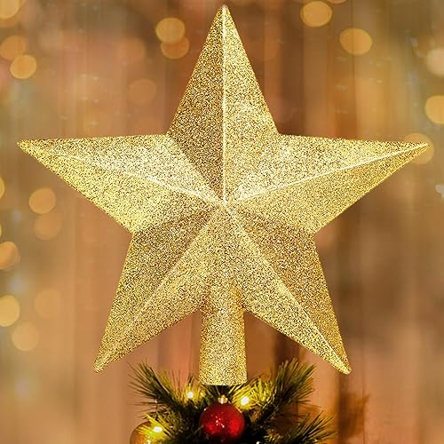 Glitter Christmas Star Tree Topper for Holiday Decorations, Christmas Tree Decoration for Holiday Ornament and Home Decor, Shatterproof Tree Toppers for Party Indoor ＆ Outdoor-Gold 8 inch