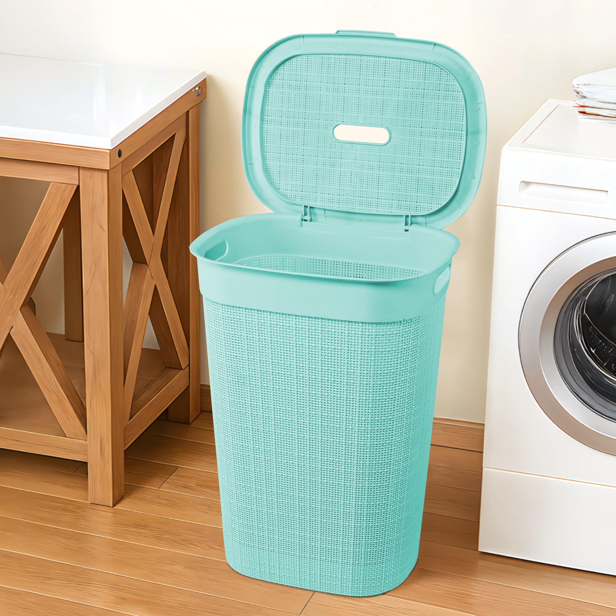 Kuber Industries Multipurpose Plastic Laundry Basket/Bin/Hamper|Durable Plastic & Woven Design|Storage Organizer With Lid,Size 44 x 44 x 60 CM, Capicity 55 Ltr. (Brown)-46HH0455