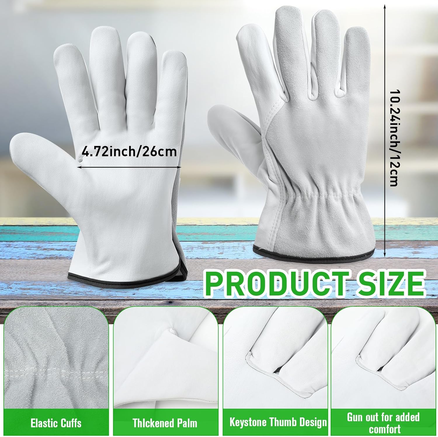 12 Pairs Bulk Leather Work Gloves for Driver for Men or Women Welding Gloves for Truck Driving, Construction, Warehouse, Gardening, Automotive Repair, Cowhide (Gray, White) - Image 2