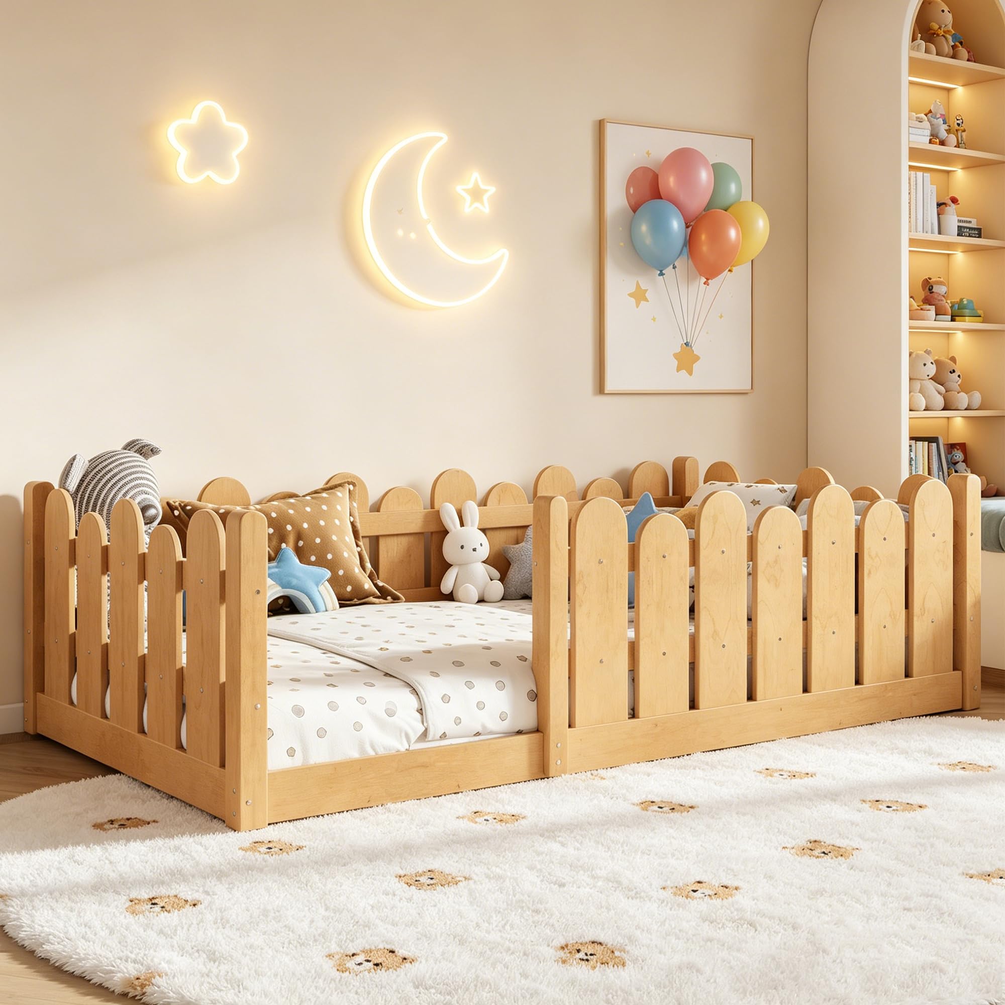 Bellemave Twin Montessori Floor Bed with Rounded Safety Guardrail,Natural