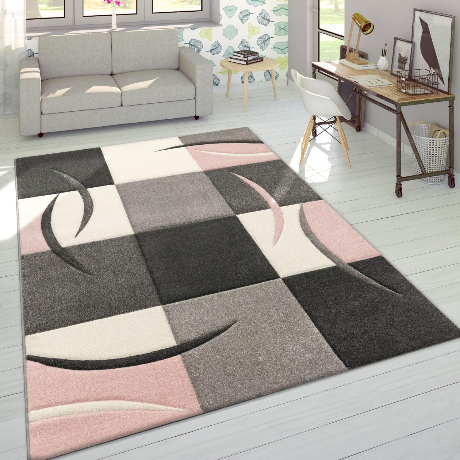 Paco Home Area Rug Modern Checkered in Pink Gray White, Size: 7'10" x 10'10"