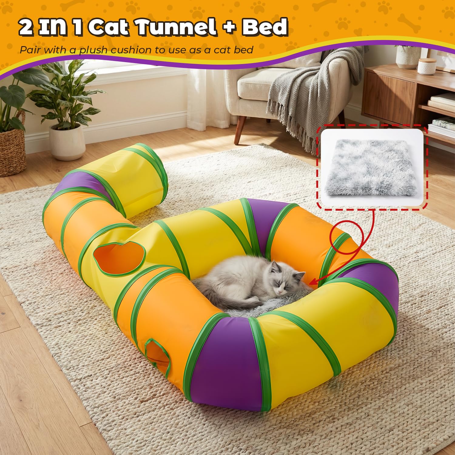 Tunnel per gatti da interno a forma di 6, casetta tunnel per gatti pieghevole tubo con pompon pendenti e foro interattivo per gattini, cuccioli, conigli, furetti e porcellini d'India
