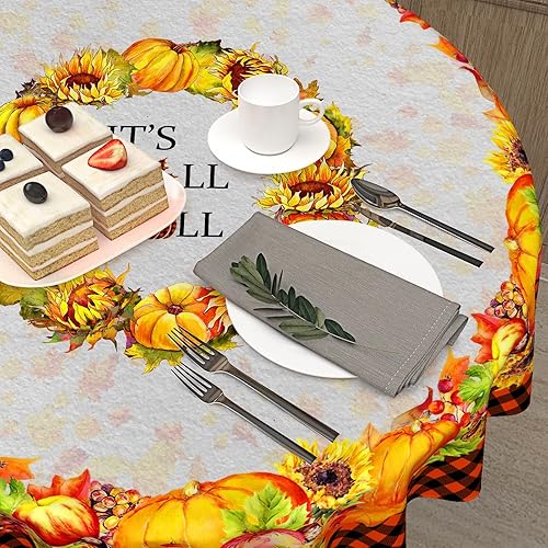 Miniatura 7 de Mantel redondo con diseño de calabaza de otoño de 60 pulgadas, diseño de girasoles de Acción de Gracias, color naranja, a cuadros, lavable,