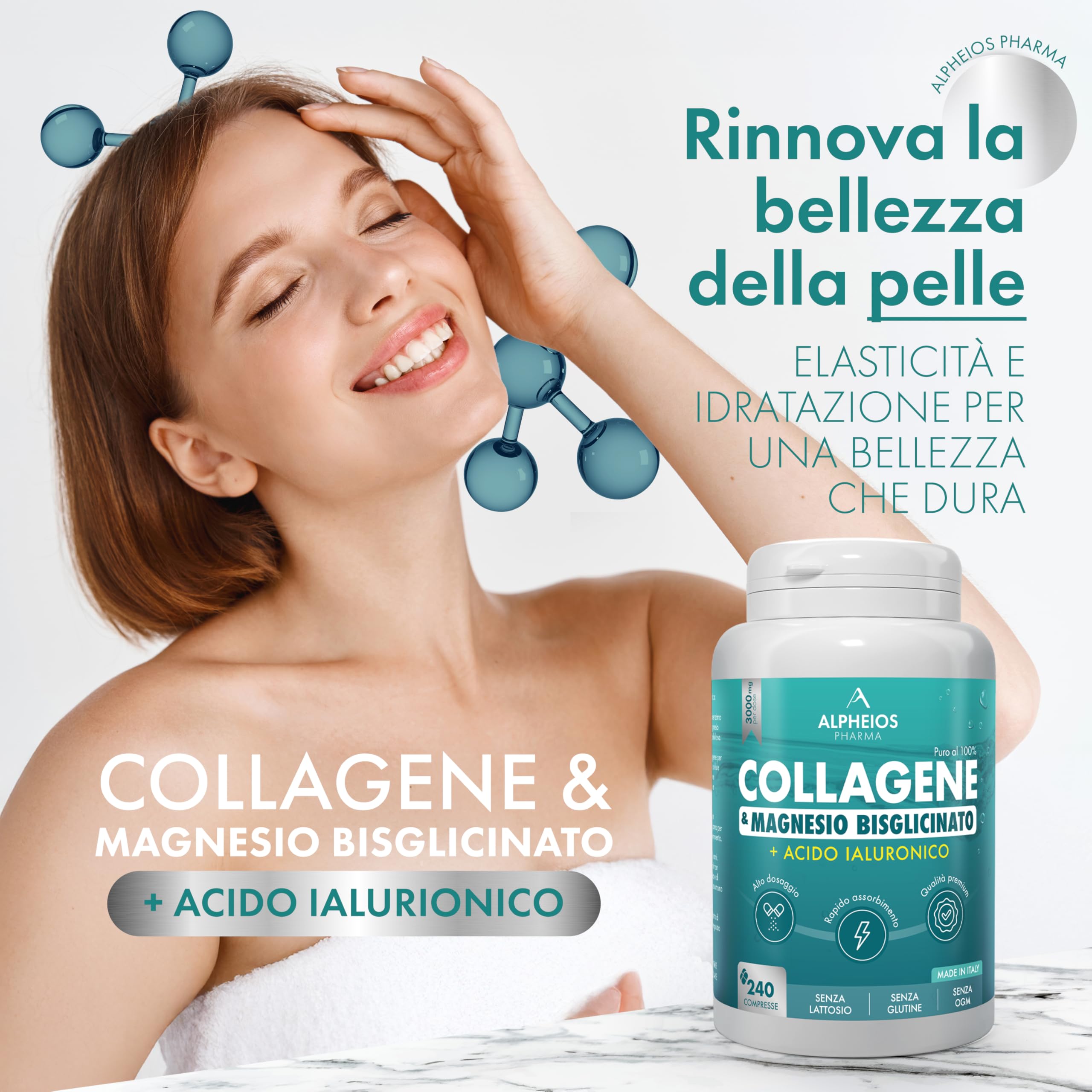 Collagene e Acido Ialuronico + Magnesio Bisglicinato – 240 Compresse, 3000 mg Collagene Idrolizzato con Vitamina C e Coenzima Q10 | Integratore Articolazioni, Ossa, Pelle ed Energia
