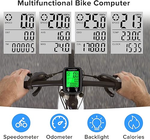 Miniatura 6 de Computadora de bicicleta y odómetro de bicicleta con cable MPH KMH Velocímetro de bicicleta con despertador automático de velocidad de ciclismo