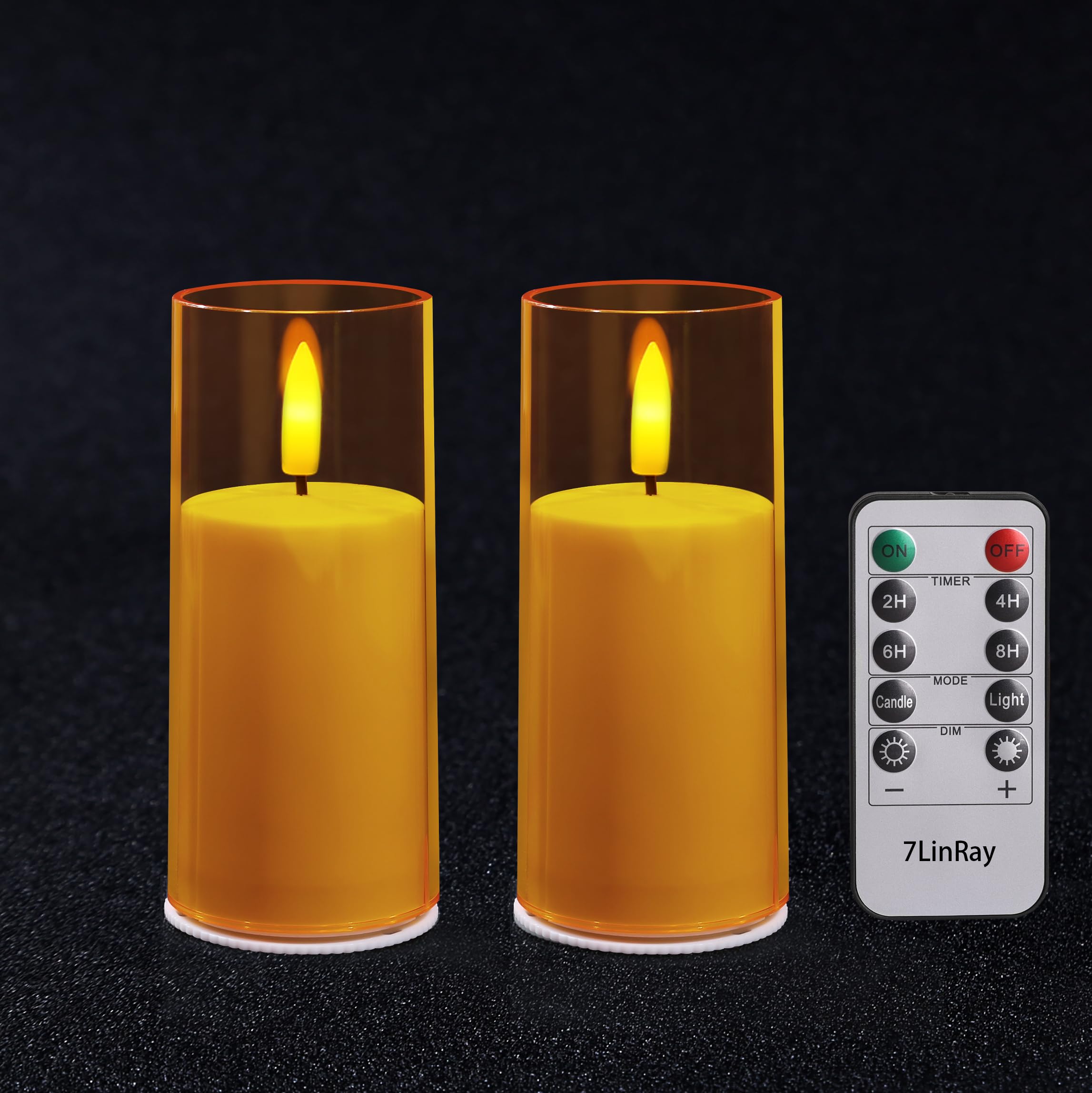 Photo 1 of 7LinRay 2" X 5" Gold Battery Operated Candles Realistic Flickering Flameless Candles with Remote and Timer, Acrylic LED Flameless Pillar Candles for Festival, Wedding, Party, Home, Pack of 2