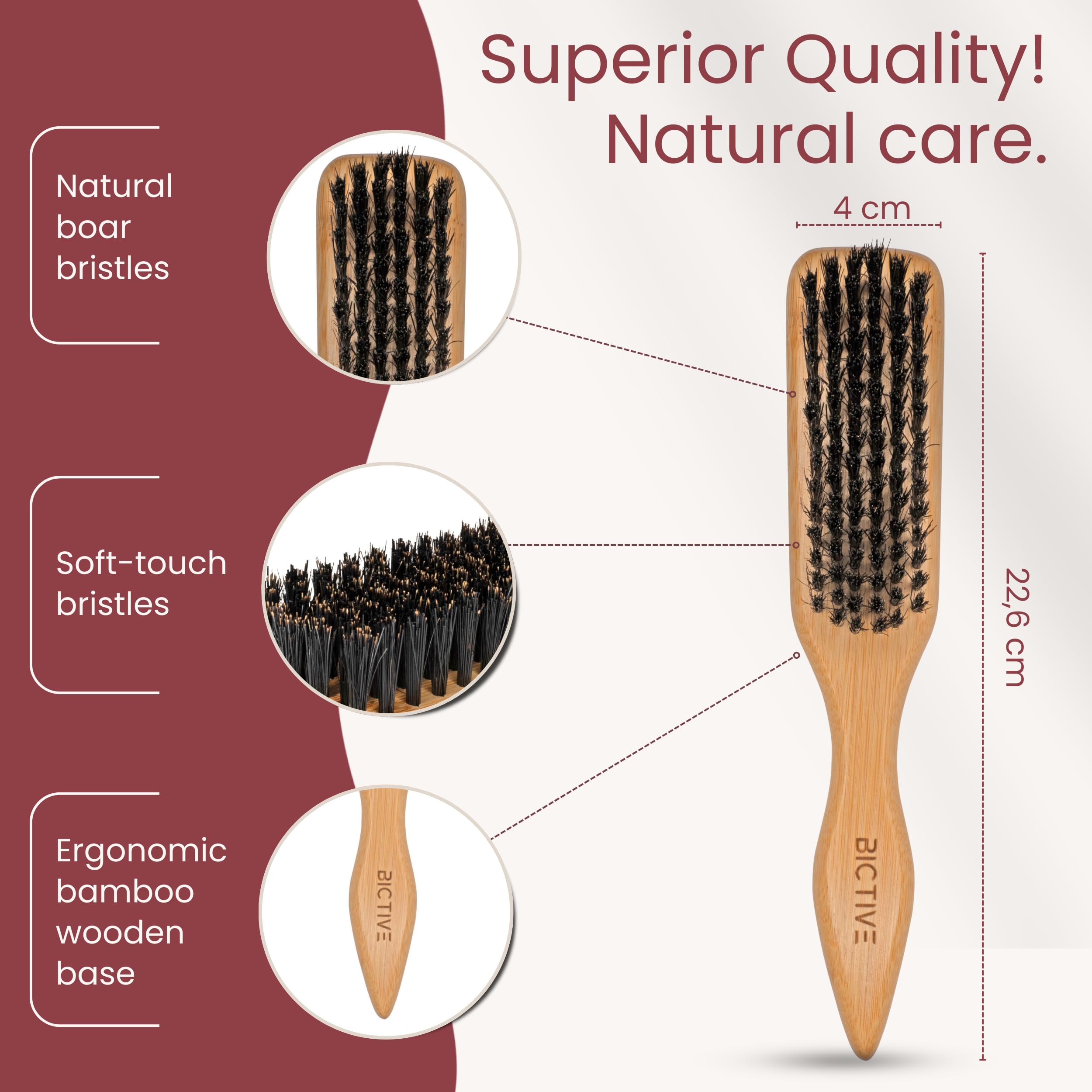 BICTIVE® Slick Back Hair Brush. Boar Bristle Brush, 100% Natural Bristles for Styling and Smoothing, Anti-Breakage - Image 4