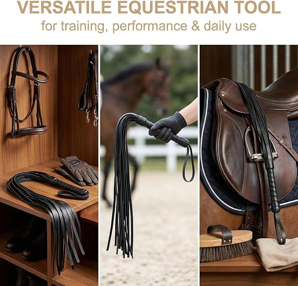 CATZUM Frustino in Pelle con Frange per Equitazione, Allenamento Cavalli e Spettacoli, Frustino Corto in Pelle con Frange (Nero) - 5