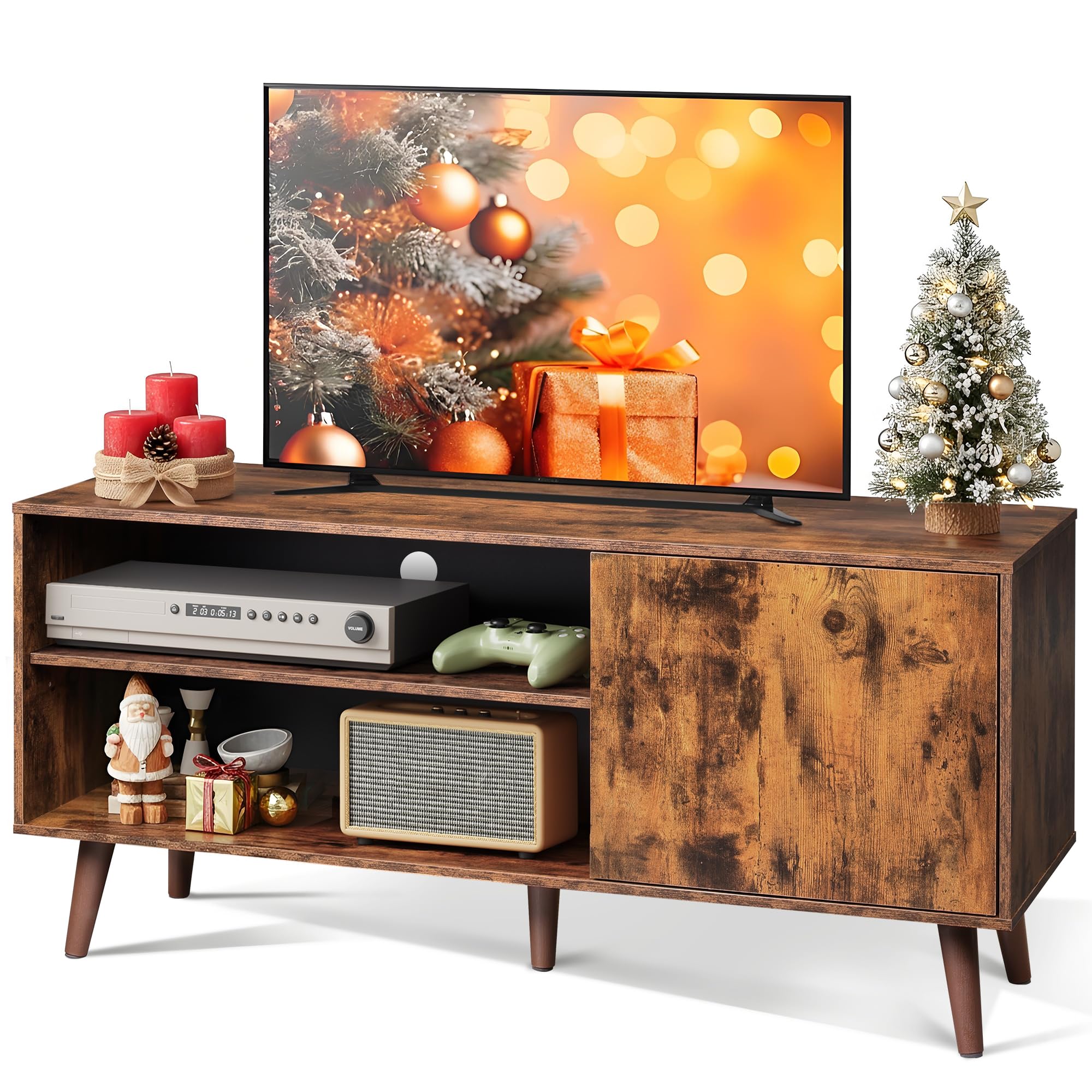TV Stand for 55 Inch TVs, Entertainment Center with Storage Cabinet, Mid-Century TV Stands for Living Room and Bedroom, 50" TV Console, Brown | with Storage Cabinet, Mid-Century, TV Stands, 50" TV Console