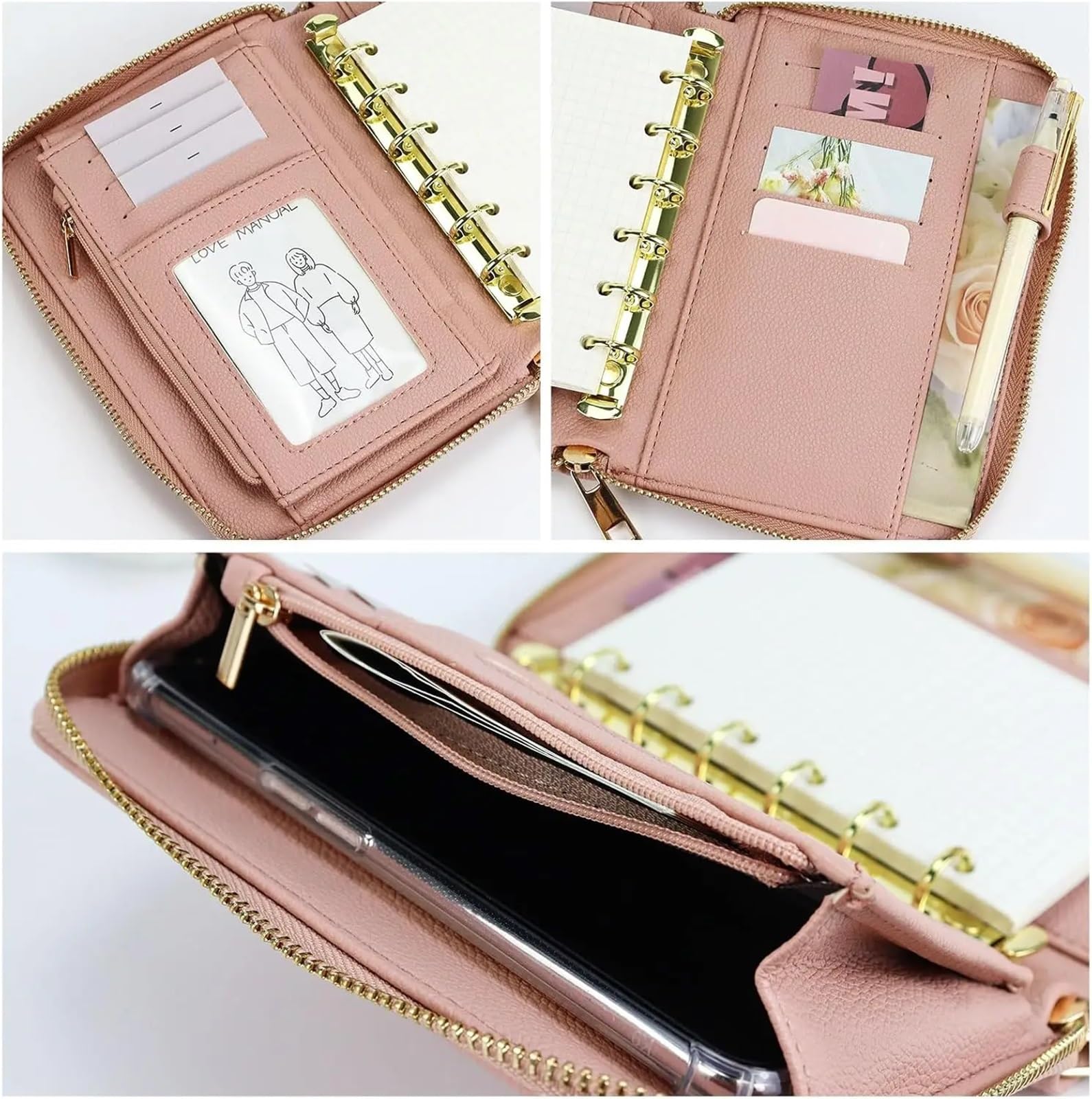 Classeur de Budget en cuir A7, enveloppes d'argent, système de portefeuille, planificateur, organisateur, couverture en PU à 6 anneaux, carnet de notes avec fermeture éclair(Skin pink)