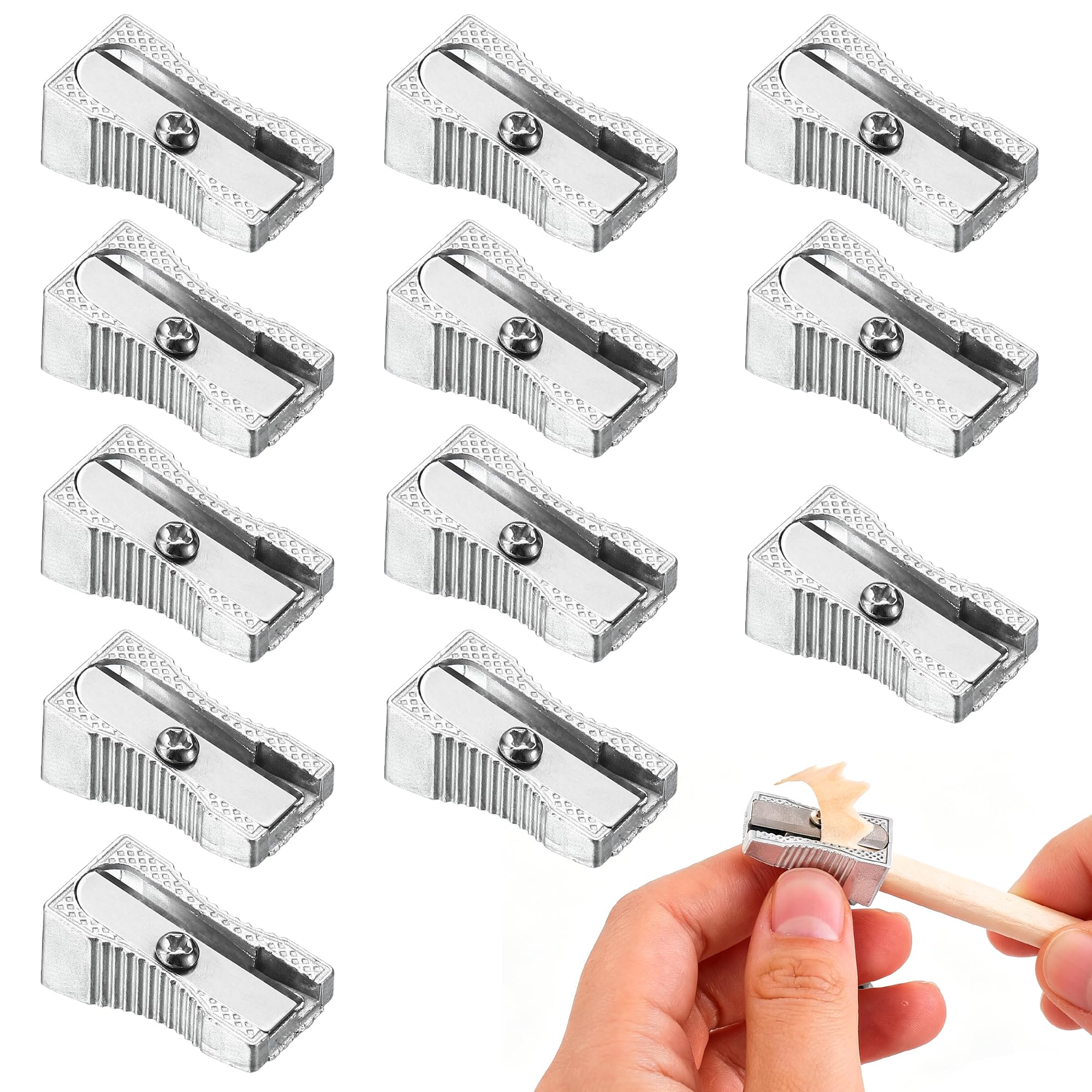 JIEBYTUY Pack of 12 Double-Hole Pencil Sharpeners - Slanted Silver Aluminum Alloy Handheld Mini Sharpeners with Container, Ideal for Coloured, Eyebrow, Lip Pencils, School, Home & Office