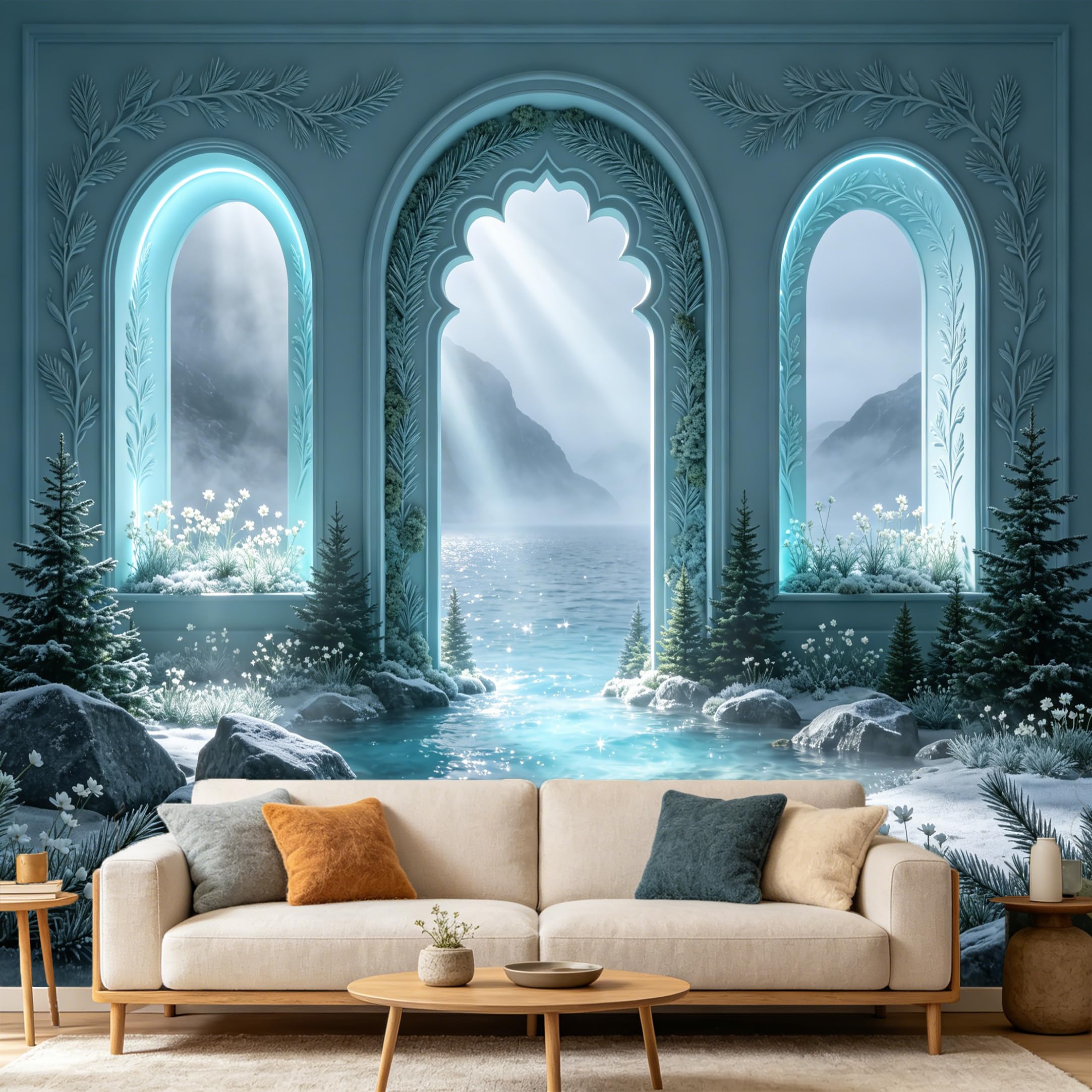 Custom Size Wall Mural， 3D Trompe L'Oeil Arched Window Snowy Lake Mountain View， SelfAdhesive Art Prints wall Fabric Removable Large Wallpaper Home Living Room Decor