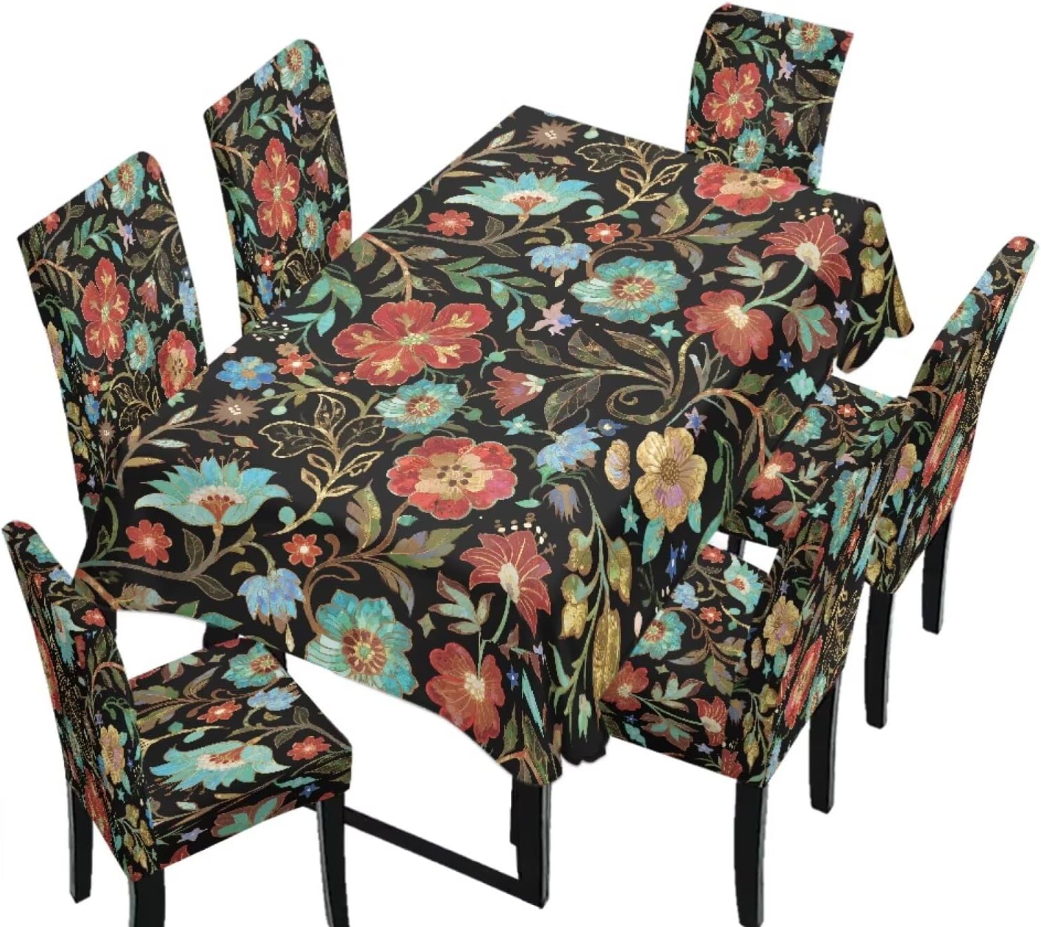 Dining Chair Covers and Dining Table Cloth Rectangle 6 Seater, Comfortable Dust Proof Parsons Chair Slipcovers Washable Table Cloth for Home Decor, Colorful Flower Print