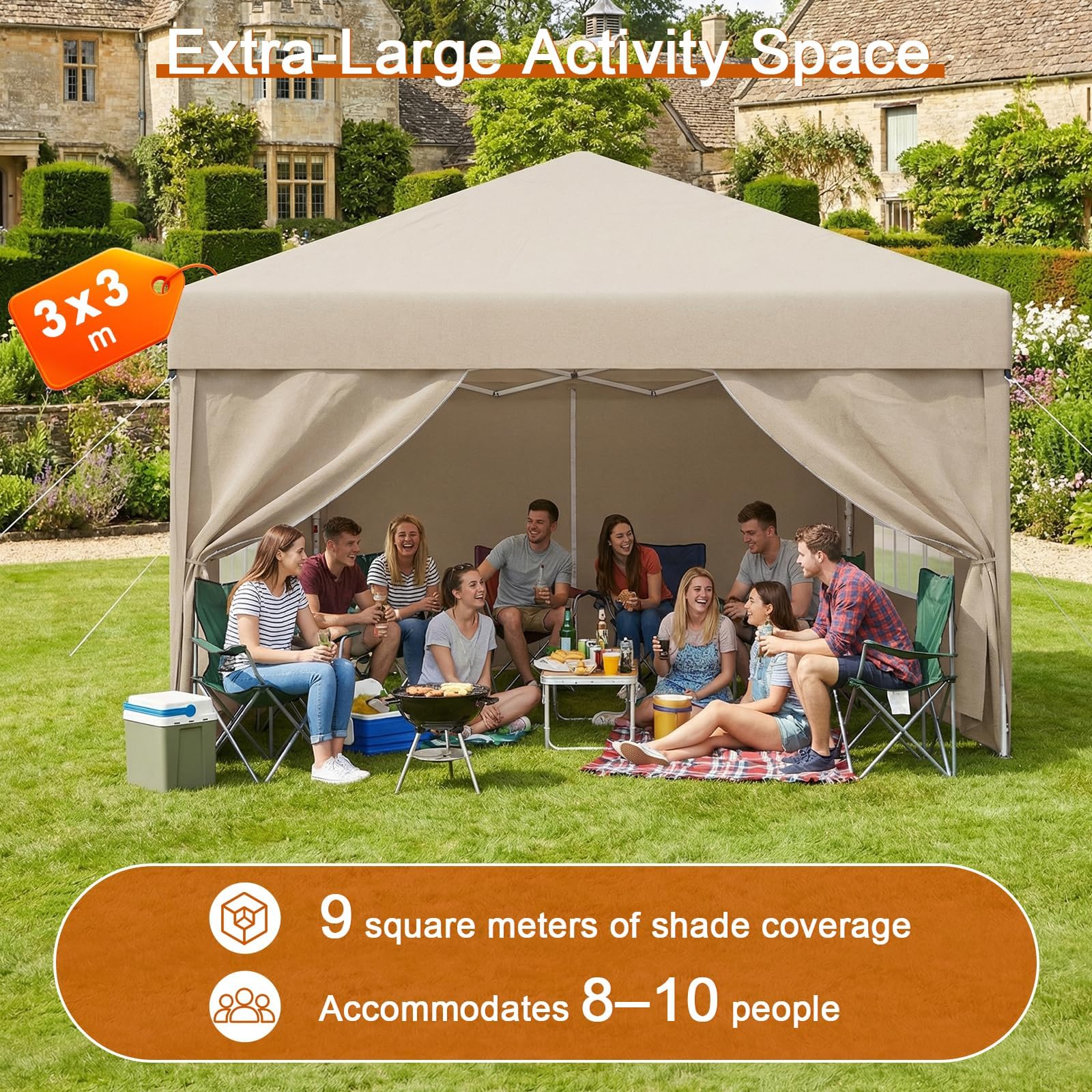 Devoko Gazebo Impermeable Plegable 3x3m,Gazebo con Laterales Que Incluye 4 Paredes extraíbles,Carpa Plegable Profesional con 3 Alturas Ajustables, protección UV 50+ para Jardines,Patios y acampadas