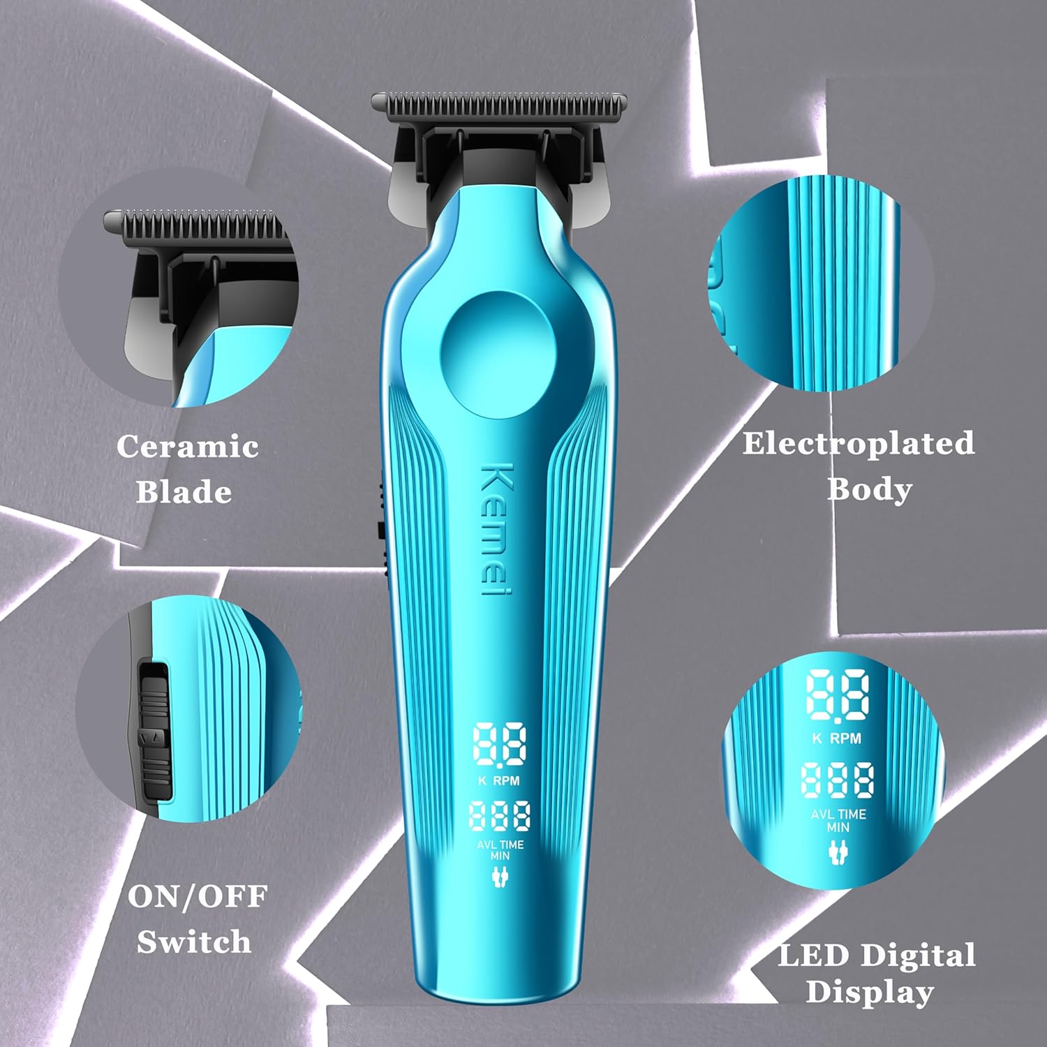 KEMEI Hair Trimmer for Men, Zero Gapped Cordless Hair Clippers Beard Trimmers with T Blade, Rechargeable Barber Clippers with LED Display, Blue - Image 3