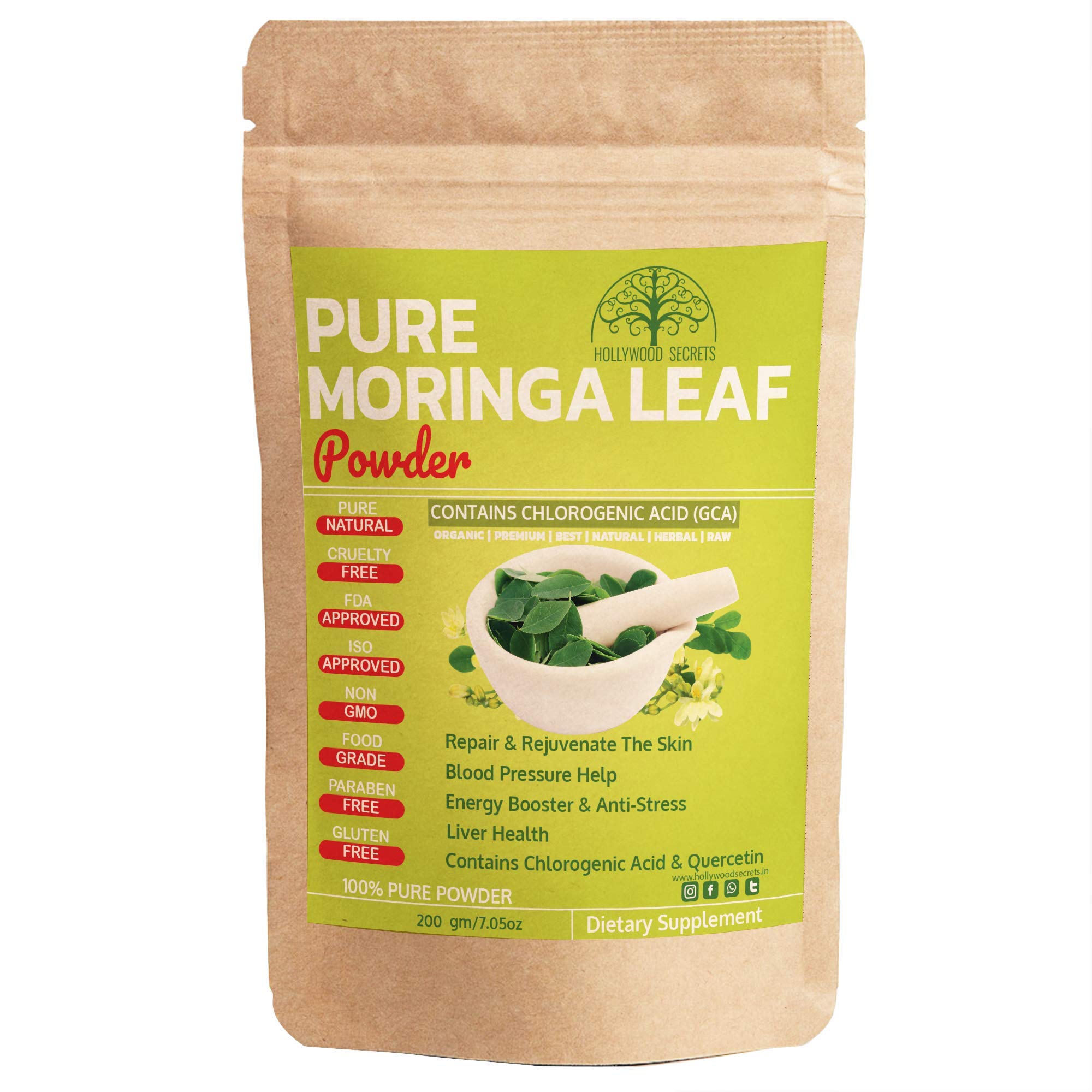 Hollywood Secrets 100% Pure Organic Moringa Oleifera Leaf Drumstick Powder Food Grade (200 Gms)