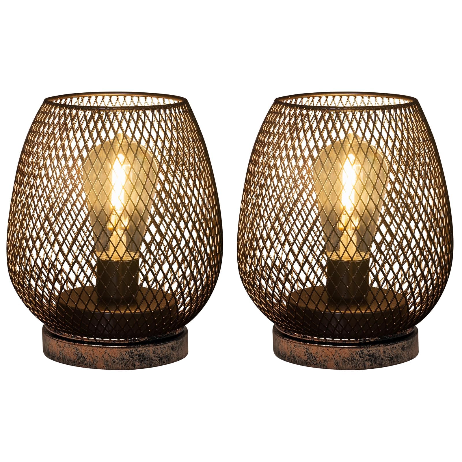 pearlstar 2 Pack Metal Battery Operated Table Lamp Metal Cage Shape Cordless Lanterns with LED Edsion Bulb for Patio Garden Indoor Outdoor Living Room Christmas (Brown)