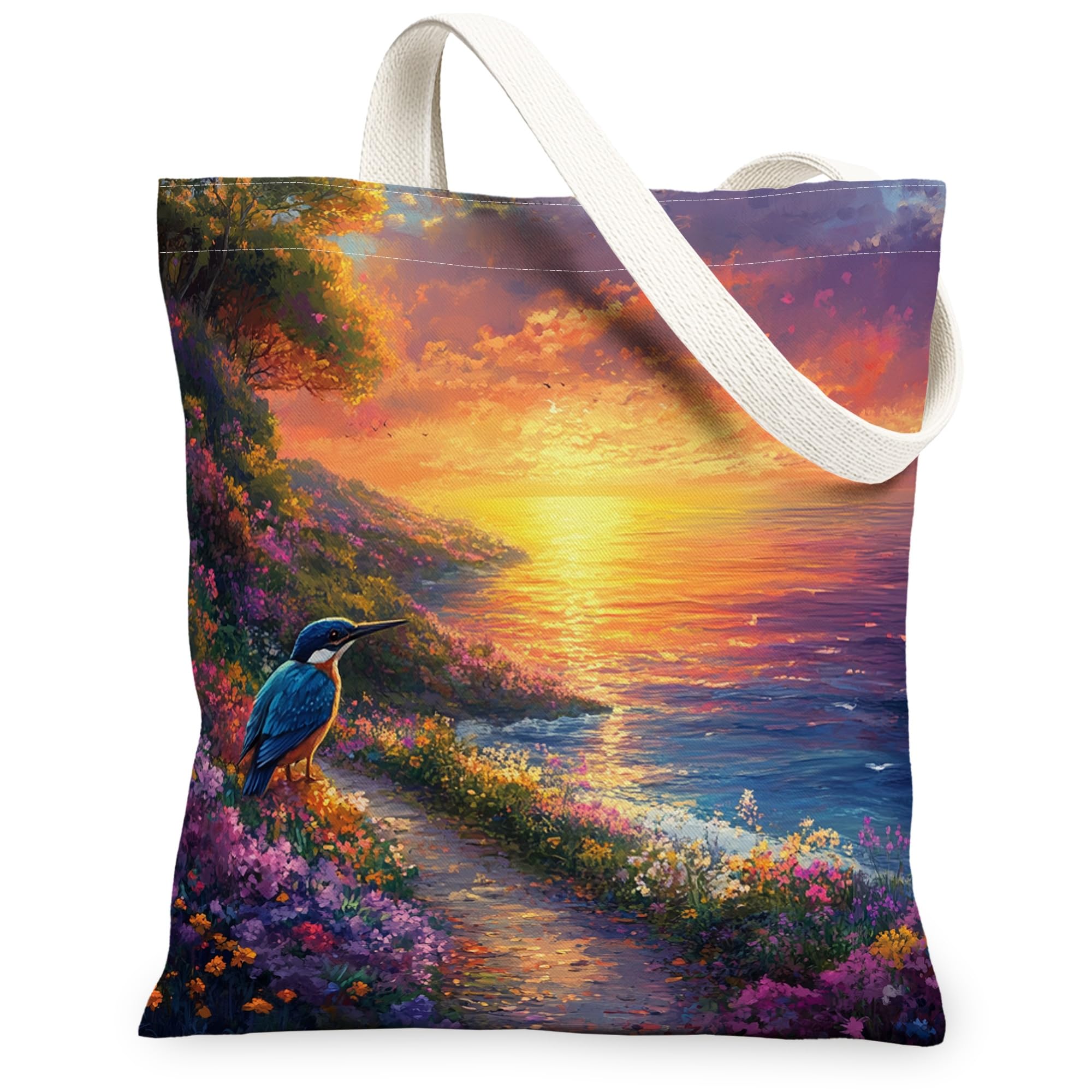 Spring Kingfishers Bird Canvas Tote Bag for Shopping 13 * 15, Floral Sea Landscape Reusable Grocery Shoulder Cloth Bag for Women, Animal Painting Gift Decoration