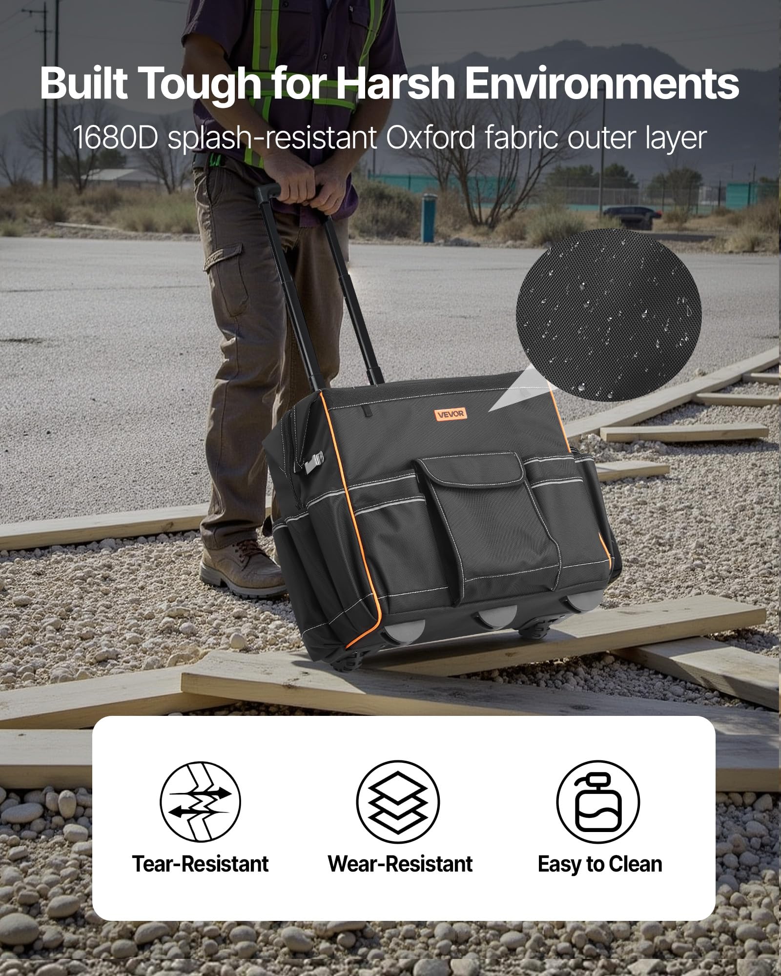 VEVOR Zaino Portautensili con Ruote, Capacità 50 kg, Borsa Portautensili con Ruote da 25 Tasche, Maniglia Telescopica Regolabile e Base Stabile, Organizzatore per Borse per Edilizia, Meccanico