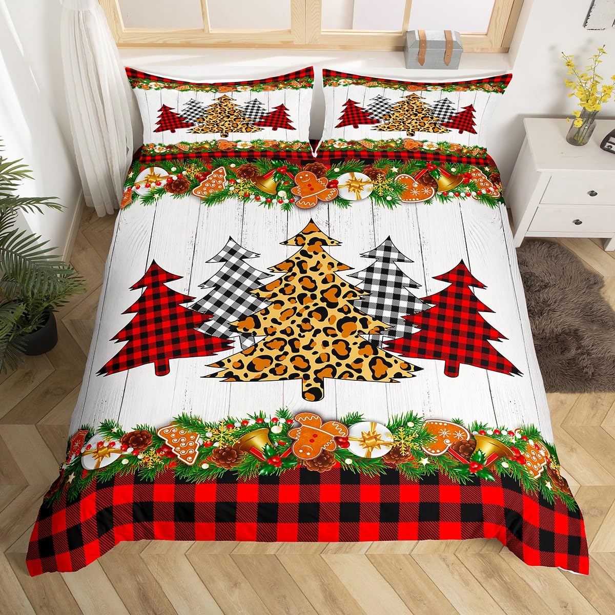 Manfei Christmas Tree Duvet Cover Set Single Size, Red Plaid Grey Wooden Plank Bedding Set 2pcs for Kids Girls Room Decor, New Year Theme Comforter Cover Soft Polyester Quilt Cover with 1 Pillowcase