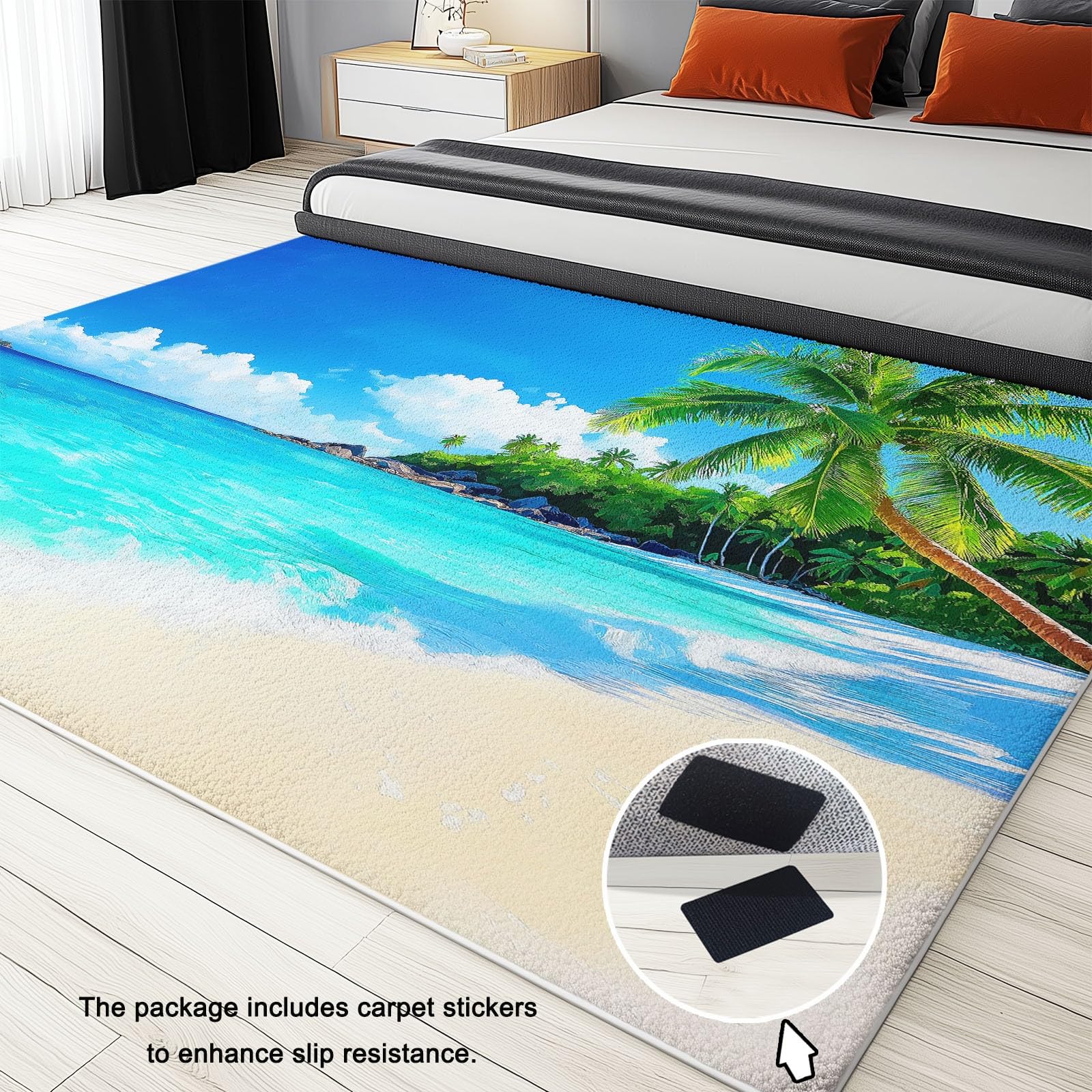 Générique Tapis de Salon Lavable en Machine 140 x 200 cm Doux à Poils Courts Moelleux Style Tropical Tapis antidérapant, Vagues de Plage Palmiers et Îles pour Le l'entrée, la Chambre et la Cuisine