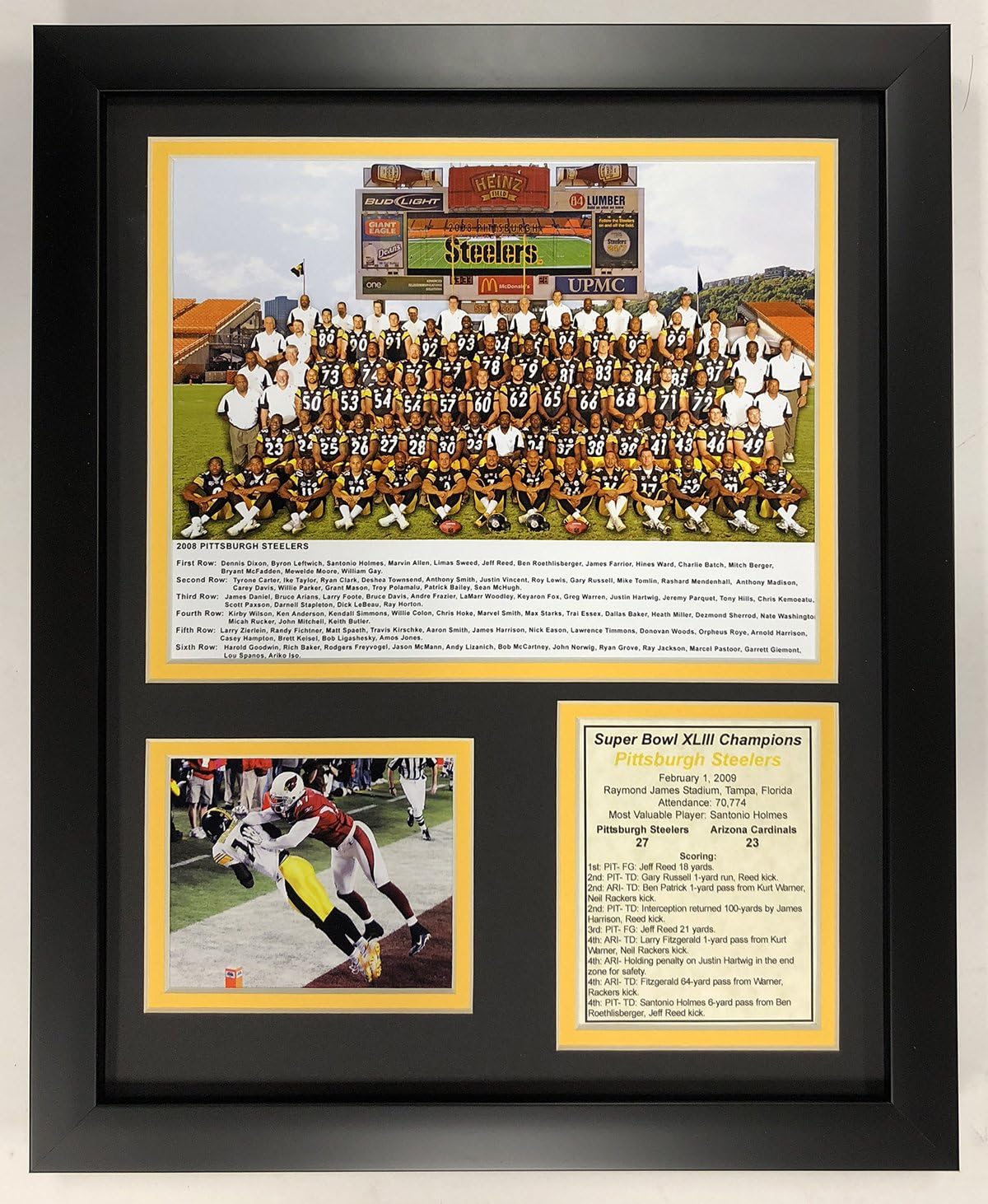 Legends Never Die NFL 2008 Pittsburgh Steelers Super Bowl XLIII Champions Framed Double Matted Photos, 12" x 15",Black