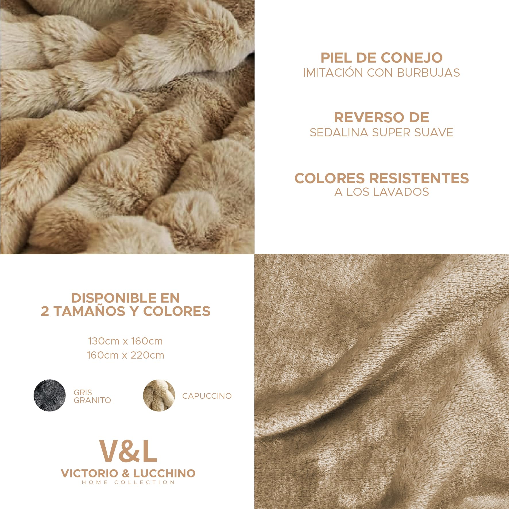 Victorio & Lucchino V&L Manta Imitación Piel De Conejo con Burbujas Jaspeadas. Super Suave, Cálida y Gruesa con Reverso De Sedalina (VL-80527) (Capuccino, 160x220cm)