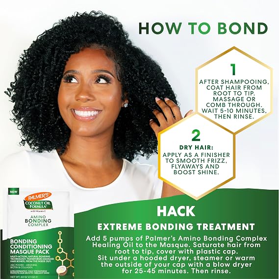 Palmer's Amino Bonding Complex Hair Mask, Intense Conditioning Masque Pack with Coconut Oil & Vitamin E, Heat Protectant, Anti Frizz, Adds Shine, Protects Hair Growth, All Hair Types, 2.1 oz packette