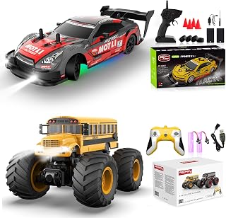 RC Drift Car 1/20 Scale 2.4GHz 4WD Remote Control Cars with Led Lights 22KM/H High Speed & 1/18 Remote Control School Bus Toy for Kids 2.4GHz All Terrain RC Car with LED Lights & Sound