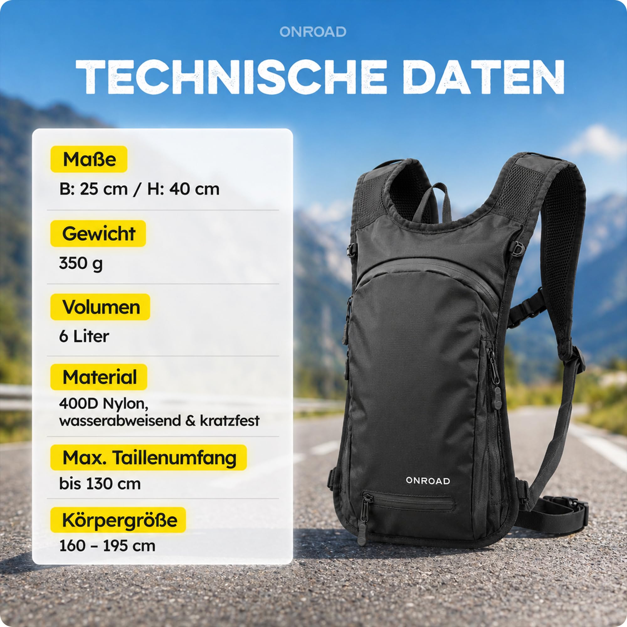 Fahrradrucksack 6L Herren & Damen ONPACK – Ultraleicht 350g – Kleiner Rucksack mit Thermofach & Helmnetz – Kleiner Fahrrad Rucksack für Männer & Damen inkl. Regenschutz, MTB Rucksack