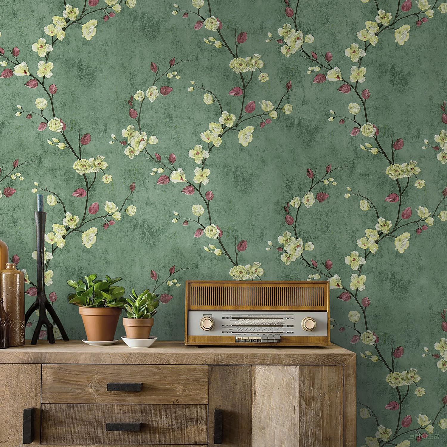 Safiyya 118"x17.7" Green Floral Peel and Stick Wallpaper Vintage Contact Paper Removable Self-Adhesive Wall Paper for Bedroom Vinyl Roll