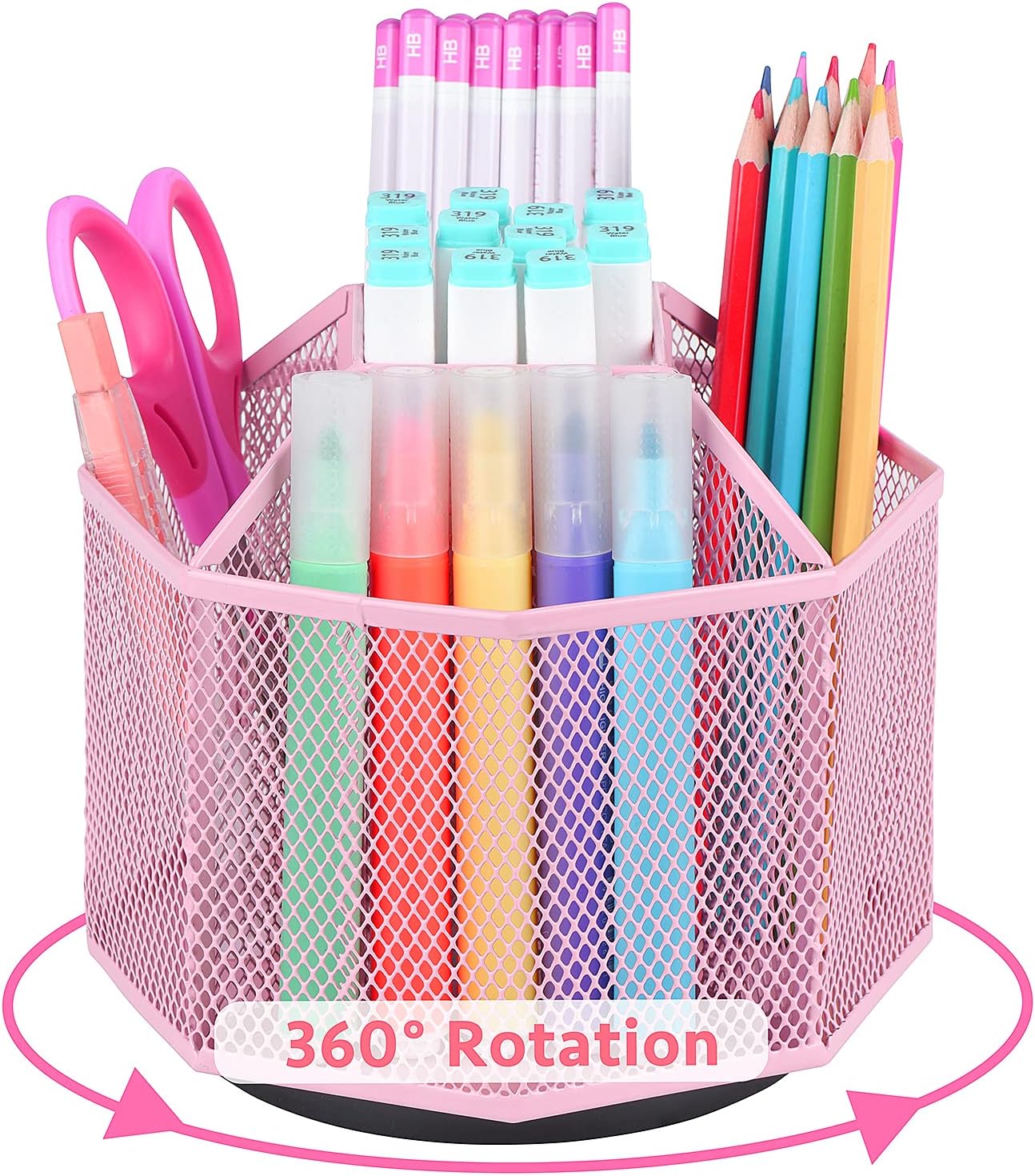 POPRUN Pink Desk Supplies and Accessories, Cute Pen/Pencil Holder, Rotating Art Supply Storage Box Caddy for Office, School, Classroom and Art Supply for Girls