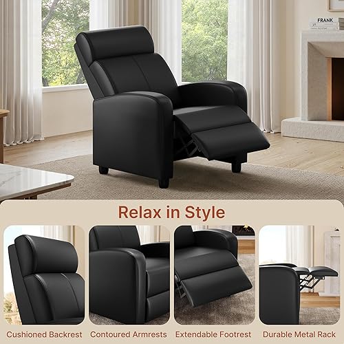Miniatura 7 de Yaheetech Silla Reclinable de Cuero de 2 Asientos Sofá Reclinable Chaise Couch Lounger Sofá Moderno para Sala de Estar Cine en Casa Negro Negro