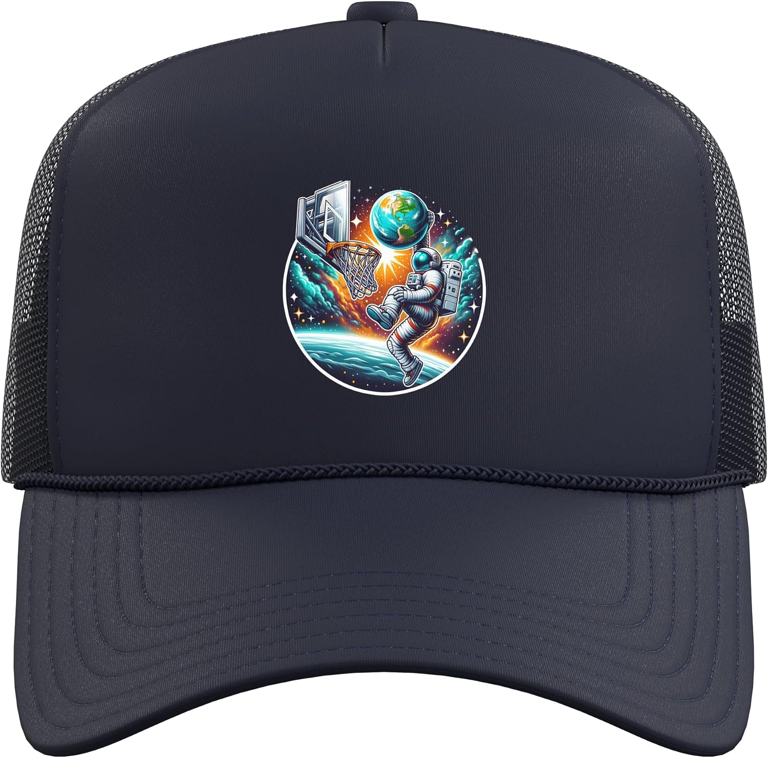 Astronaut Slam Dunking Planet Earth Basketball Lover Trucker Hat with Adjustable Mesh Back