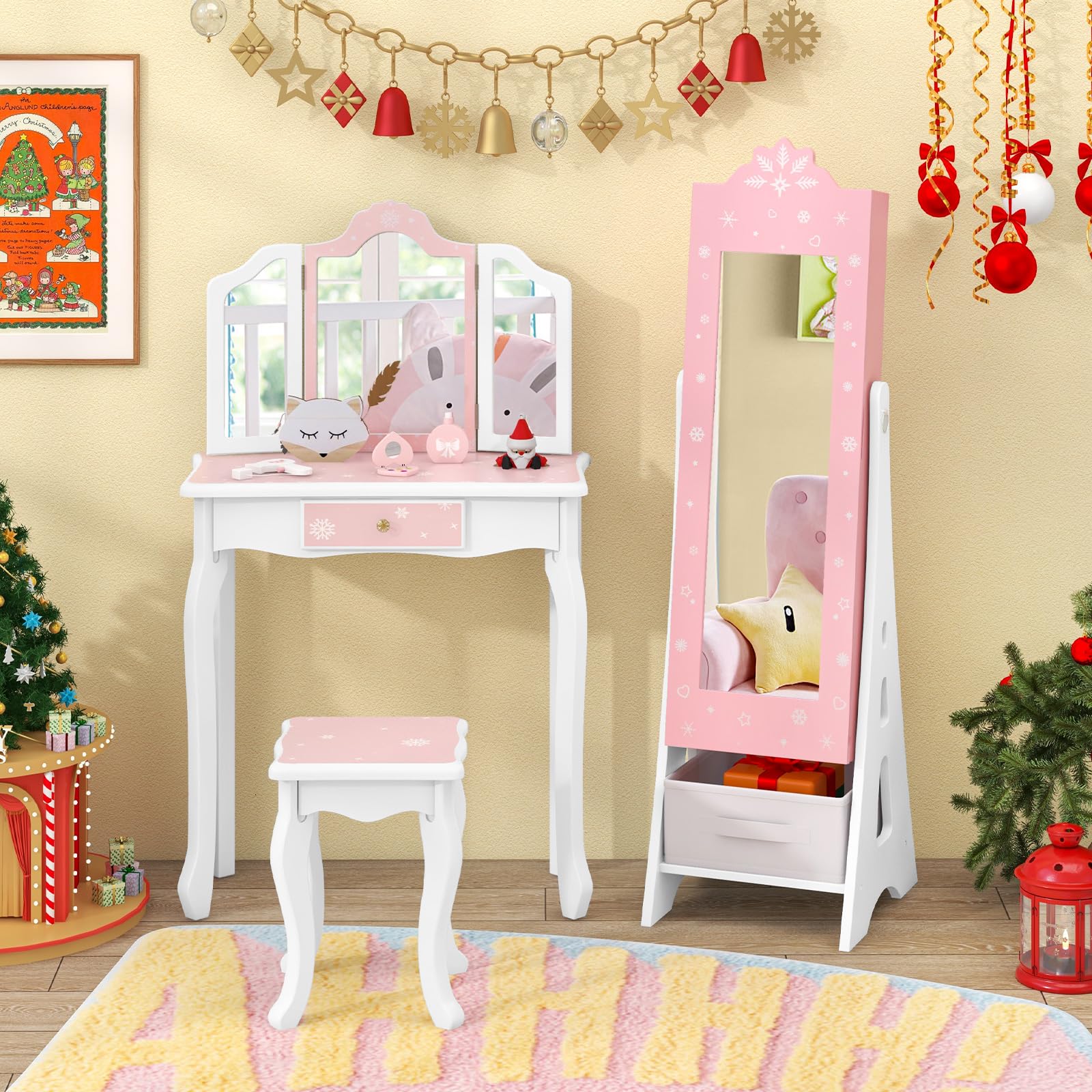 HONEY JOY 2 Piece Kids Vanity Set & Jewelry Armoire Cabinet, Snowflake Wooden Makeup Table & Chair Set, Dress Up Jewelry Organizer w/Full-Length Mirror, Kids Bedroom Furniture for Playroom (Pink)
