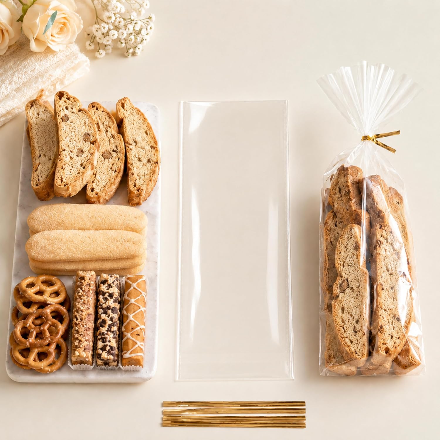 200 Clear Cellophane Treat Bags 5'' x 11'' (12.7 x 27.9cm) with Twist Ties 6 Mix Colors - 1.4 Mil Thick OPP Cello Bags for Pretzels, Popcorn, Long Cookies, Snack Mixes and Party Favors image 3