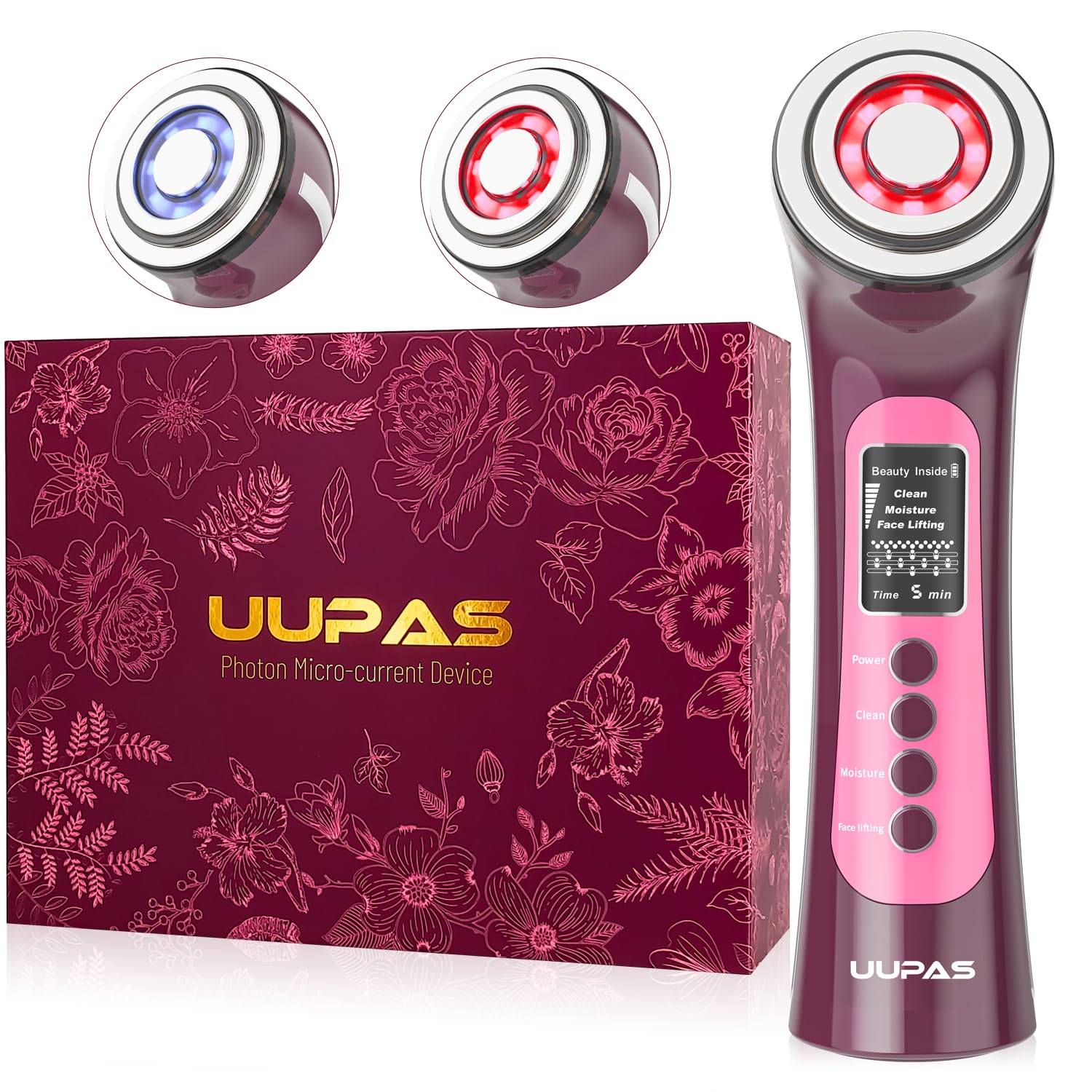 Dispositivo de Micro-Corriente Fotónica Inteligente - UUPAS Dispositivo de Terapia de luz LED Rojo Azul para la Cara - Máquina Facial de Radiofrecuencia y Microcorriente EMS - Tensor de Piel, Lifting