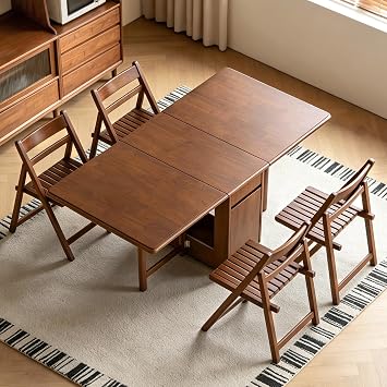 Folding Dining Table and Chairs Set 4 Solid Wood 130CM Drop Leaf Table