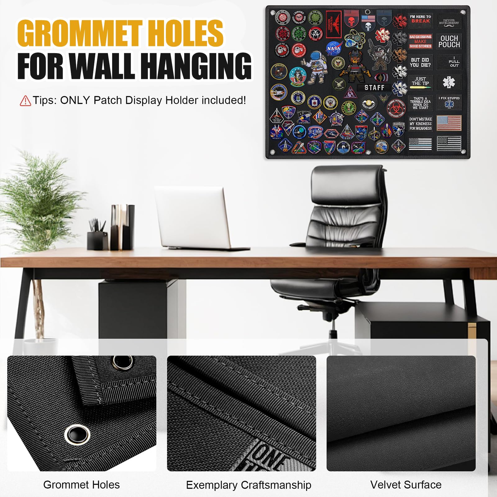 Panel Táctico para Parches 60x45 cm Negro con 6 Ganchos Plegable