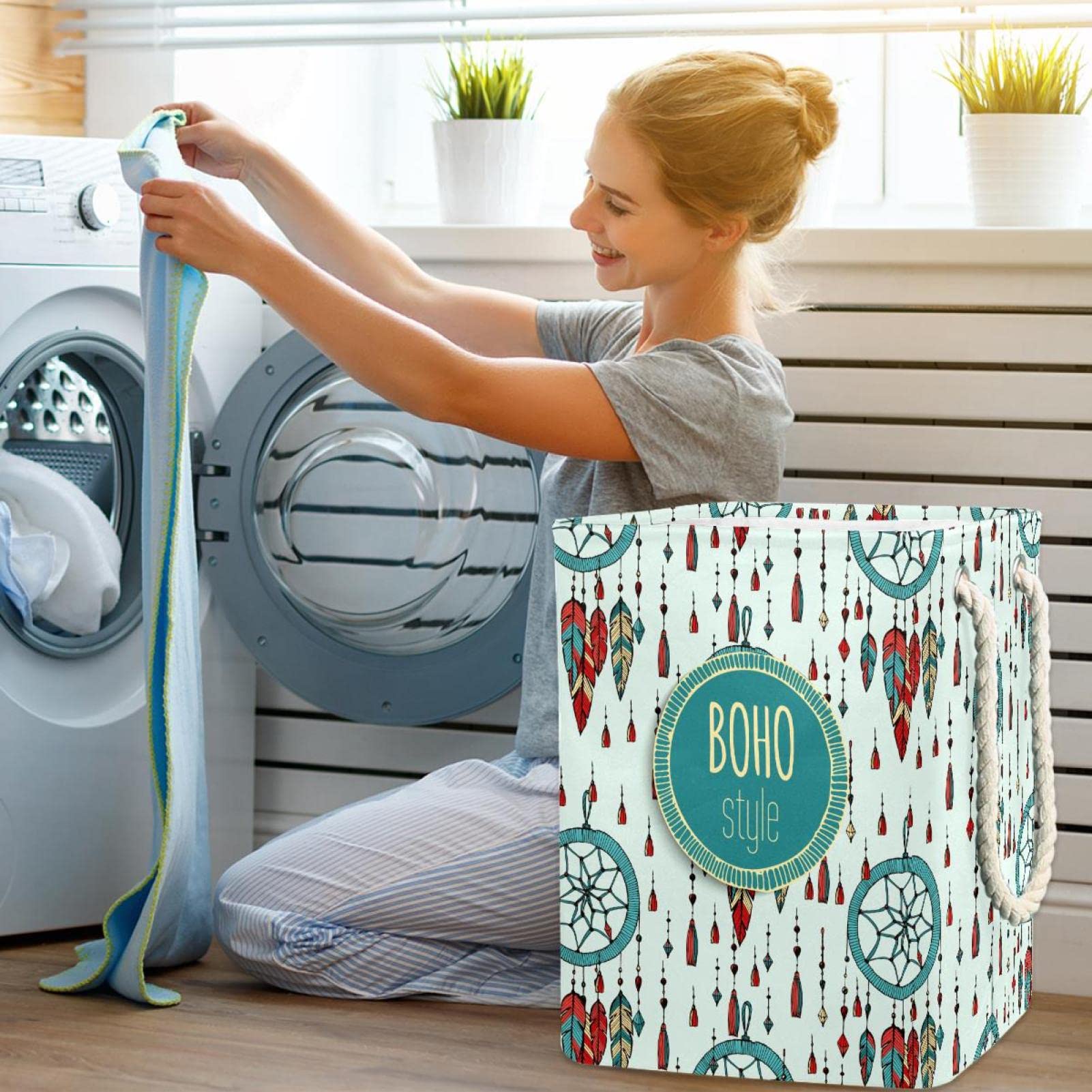 Bohemia Boho indische Traumfänger-Feder, großer Wäschekorb mit robustem Griff, Aufbewahrungskorb für schmutzige Kleidung für Schlafzimmer, Badezimmer, Studentenwohnheim