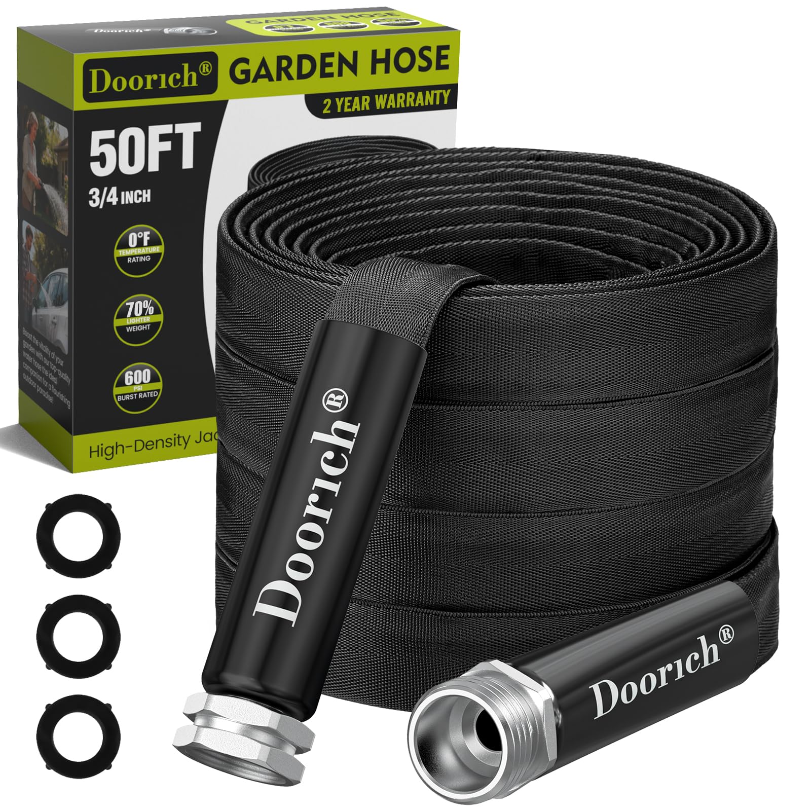 Photo 1 of Doorich Garden Hose, Lightweight, Ultra Flexible, Durable, Kink-Free Water Hose - Made of TPU, Drinking Water Safe Material, Non-Shrinking, Easy to Store, All-Weather, Black (50 FT)