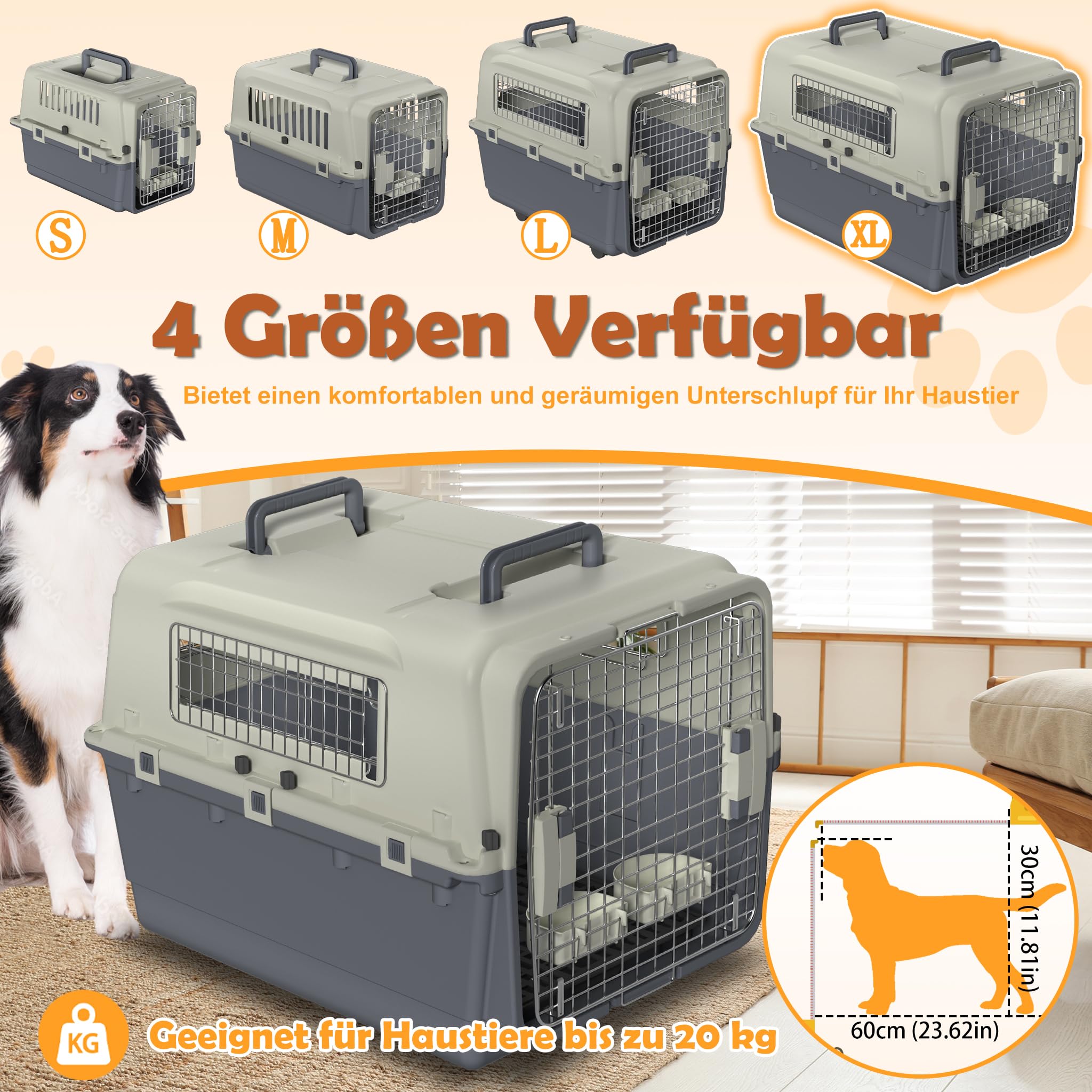Froadp Trasportino per animali domestici, cani, gatti, in plastica PP, 80 x 57 x 70 cm, trasportino per gatti con ruote e distanziatori per urine e ciotole da appendere