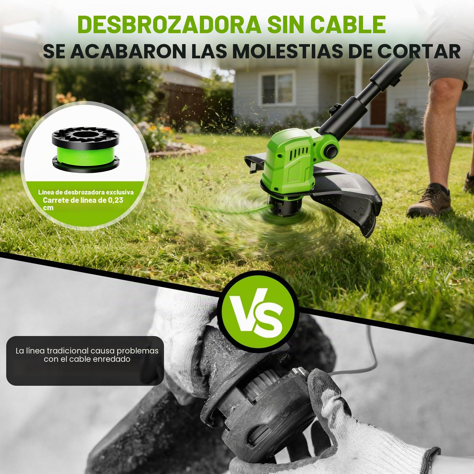 Desbrozadora Bateria con Ruedas, 21V Desbrozadora Electrica con 2 * 3.0 Ah Baterías,800W Motor sin Escobillas,Ancho de Corte 36CM,Cortadora de Césped con 8 Bobinas de Repuesto para Jardín y Césped