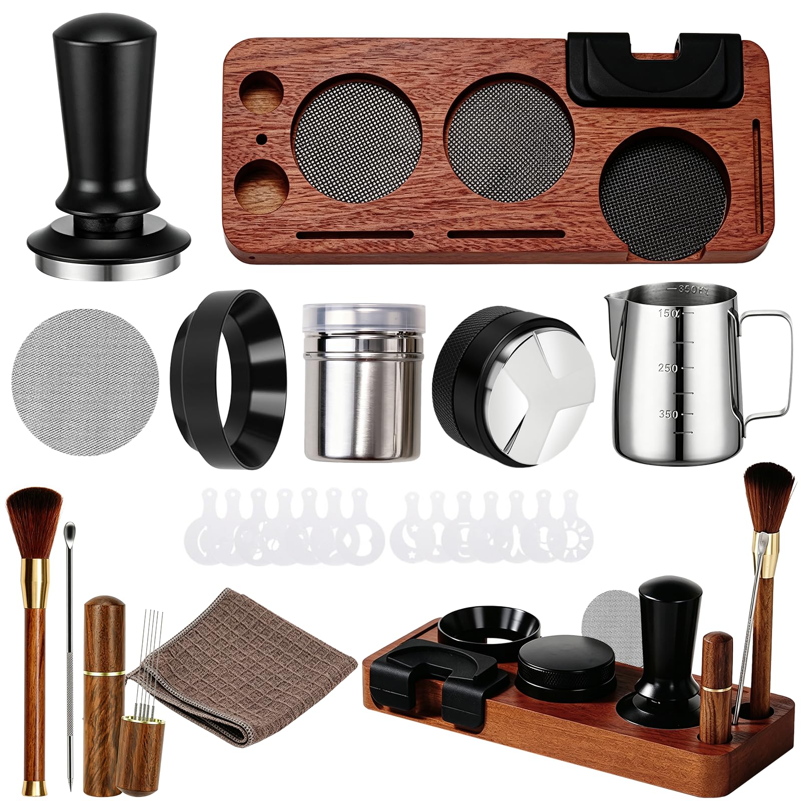 Espresso Zubehör 12er Set, 51mm Kaffee Tamper mit Dosierring,Kaffee-Distributor, WDT Tool, Aufbewahrungsstation, Milchkännchen und Kaffeeschablonen, Komplettes Barista Starter Set für Siebträger