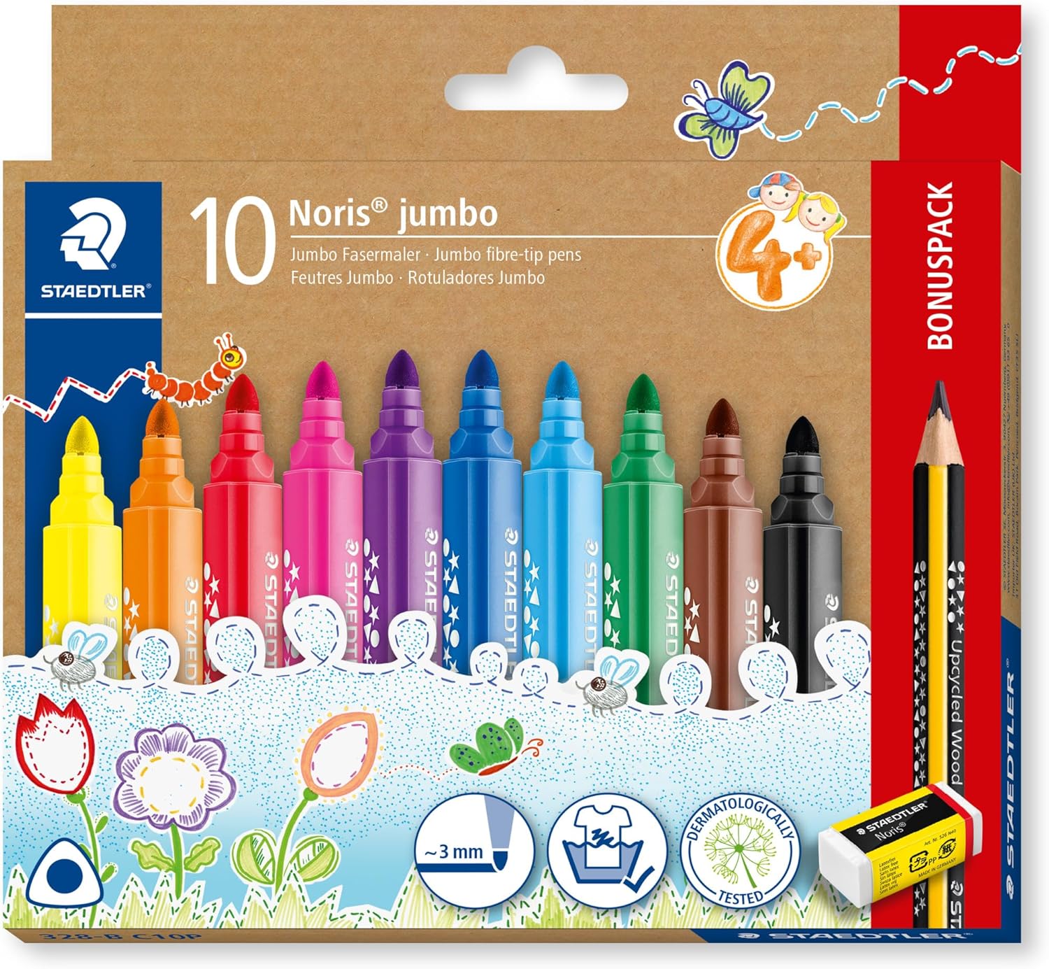 Staedtler Noris jumbo 328-B Triangular Jumbo Fibre Tip Pen, Ergonomic Thick Shank, Attractive Star Embossing, Cardboard Case with 10 Fibre Tip Pens, Promotion, 328-B C10P