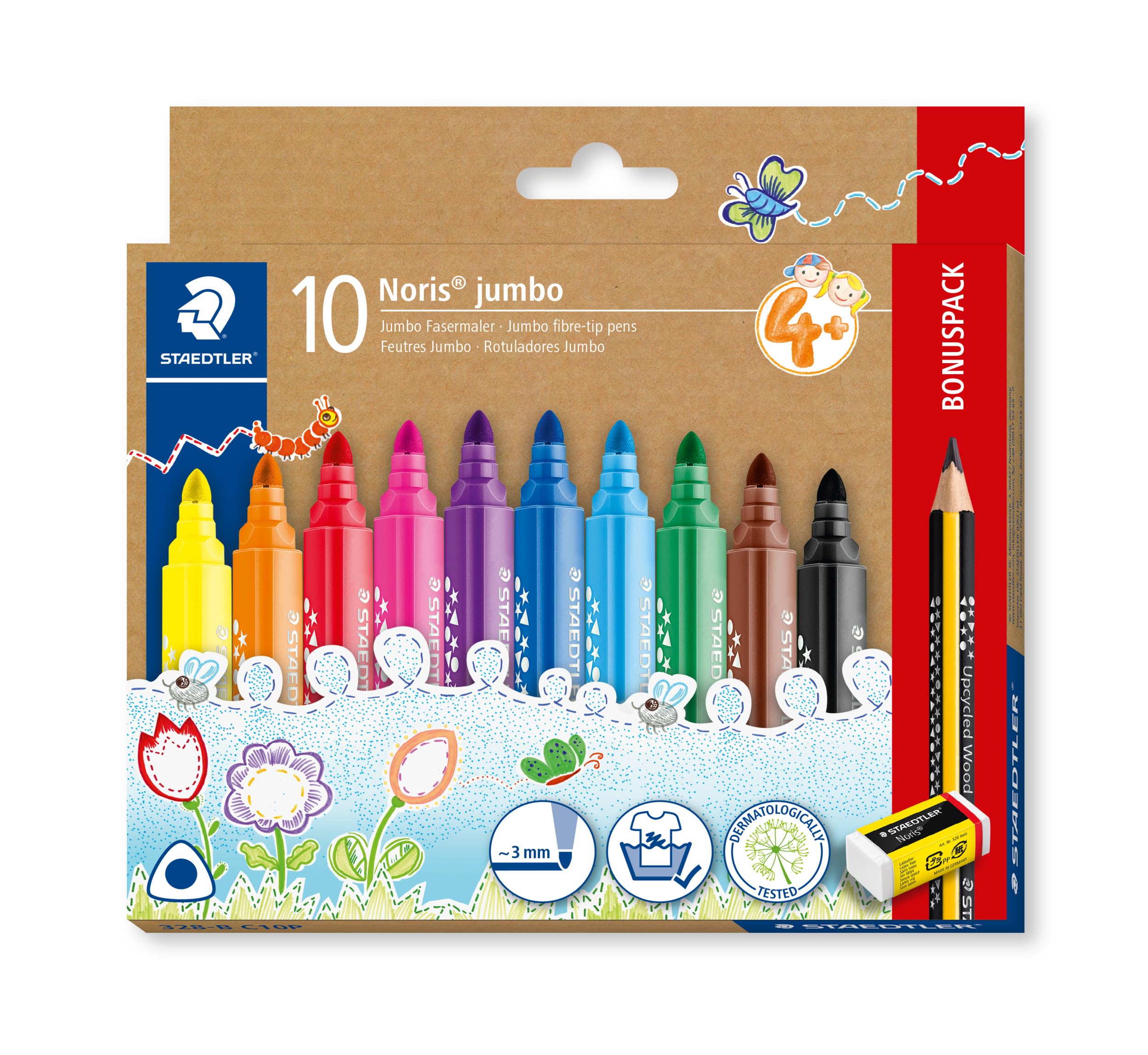 STAEDTLER Felt Pens for Toddlers - Noris Jumbo Colouring Markers - Includes HB Pencil & Eraser - 10 Assorted Colours, 328-B C10P