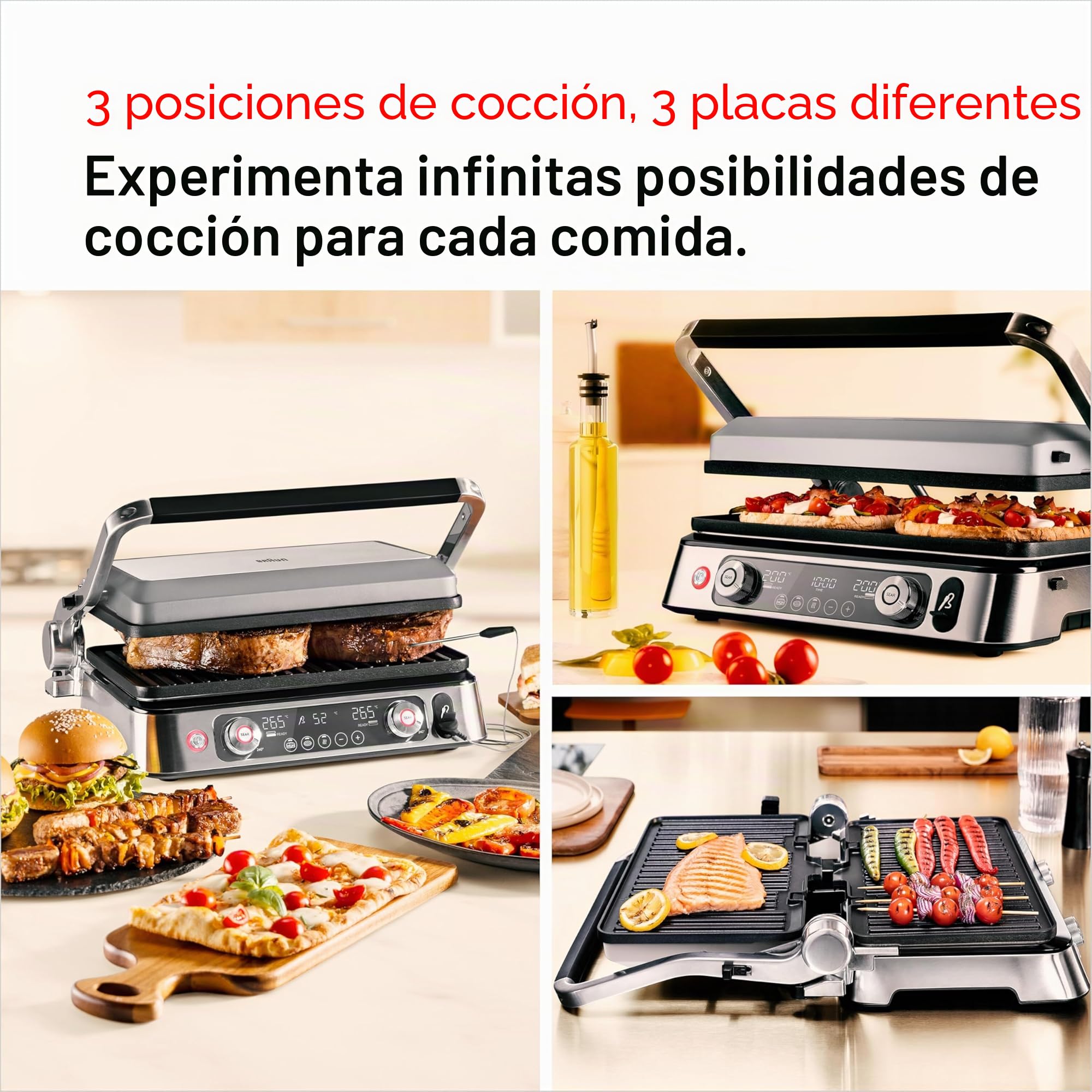 Braun MultiGrill 9 Pro CG 9160, Plancha Eléctrica con 2 Termostatos Independientes, 3 Posiciones de Cocinado, Placas Lavables en Lavavajillas, Sonda Térmica Integrada, 2200 W, Negro/Acero Inoxidable