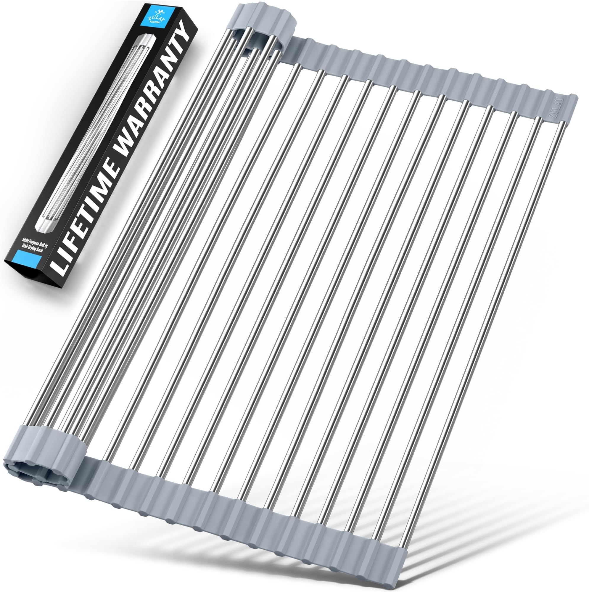 Zulay Kitchen Over The Sink Dish Drying Rack, Roll Up Heavy Duty Stainless Steel Design for Easy Storage & Durability | Dishwasher Safe 17.5” x 12.5
